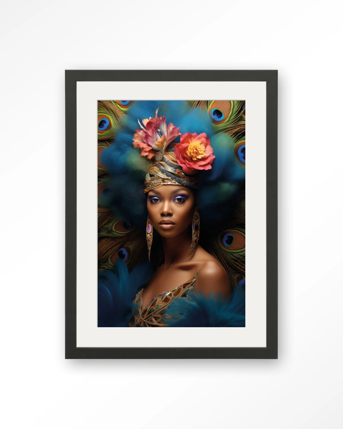 Maua – vrouw met pauwenveren – Art print – Hout zwart + passe-partout