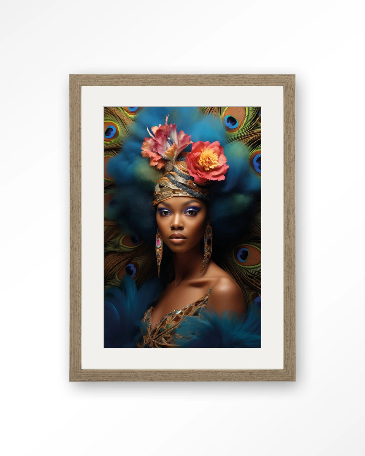 Maua – vrouw met pauwenveren – Art print – Hout bruin + passe-partout