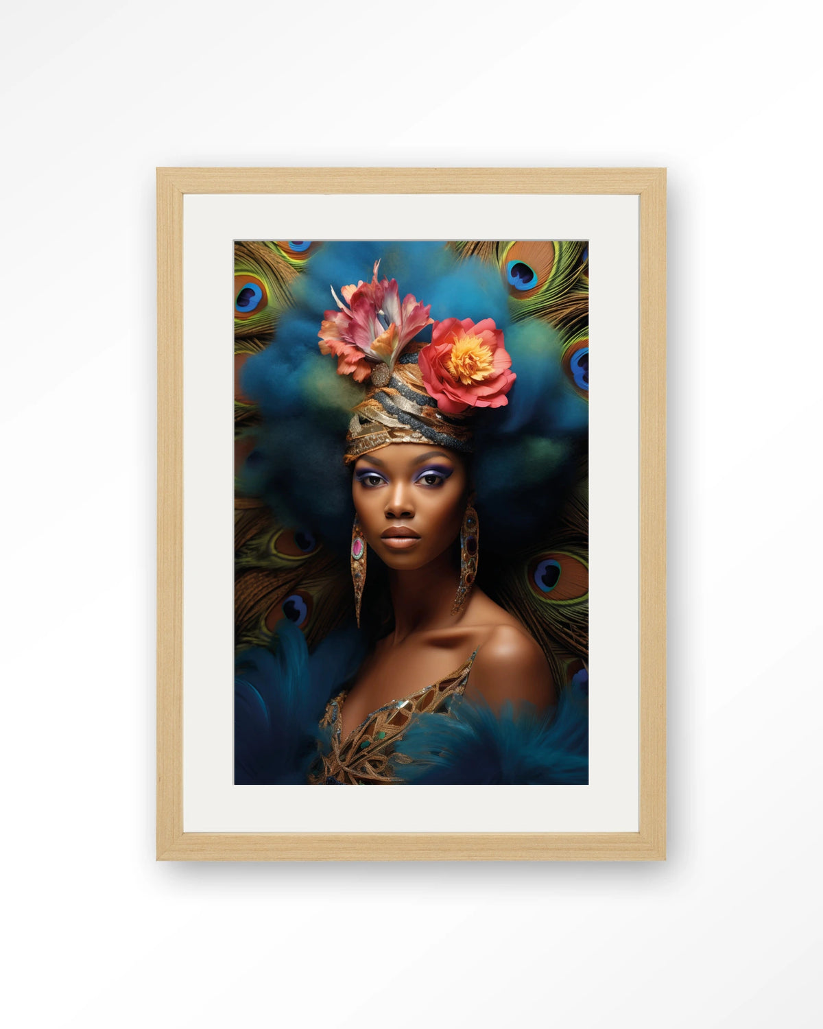 Maua – vrouw met pauwenveren – Art print – Hout naturel + passe-partout