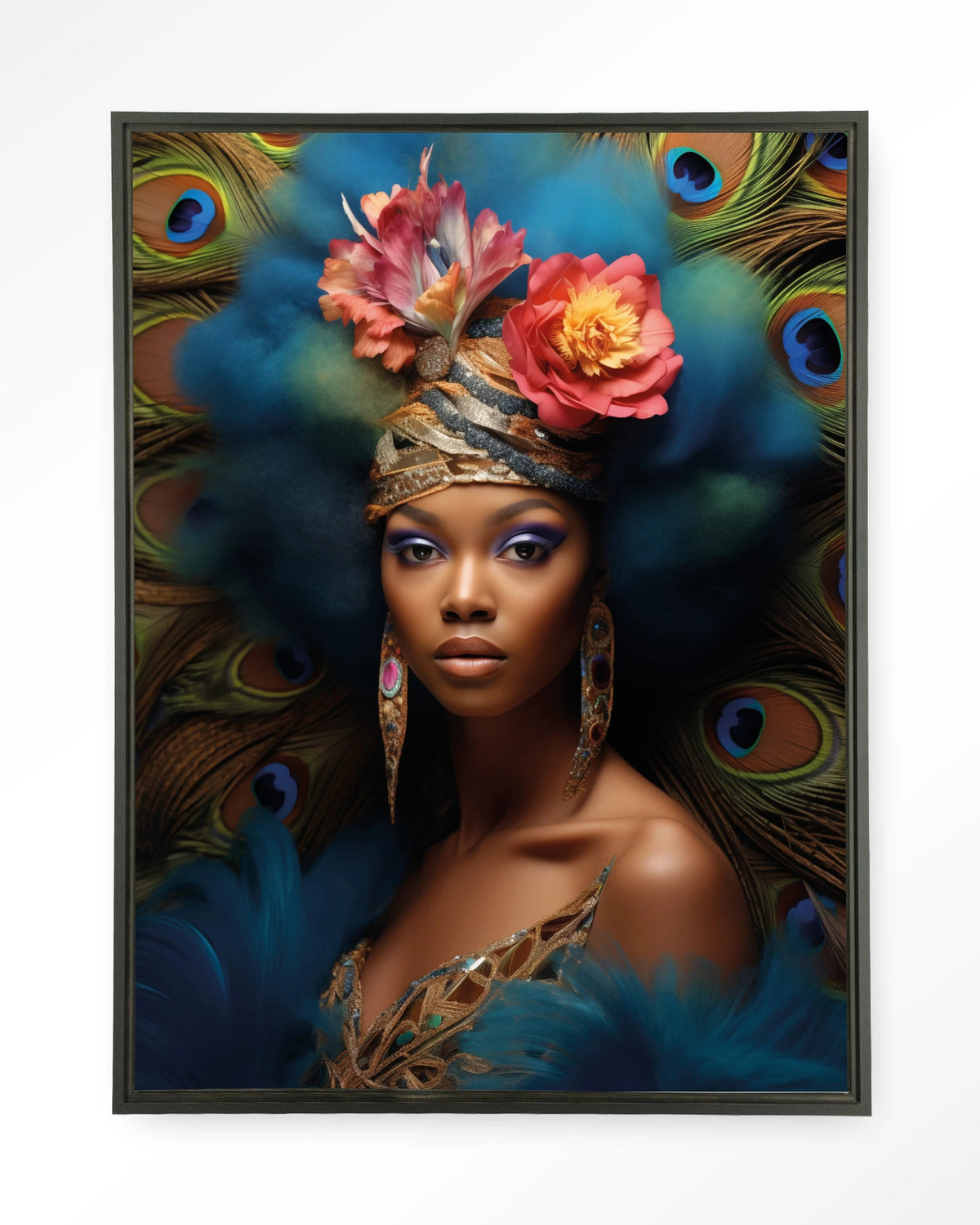 Maua – vrouw met pauwenveren – Wandkleed – Floating frame – zwart
