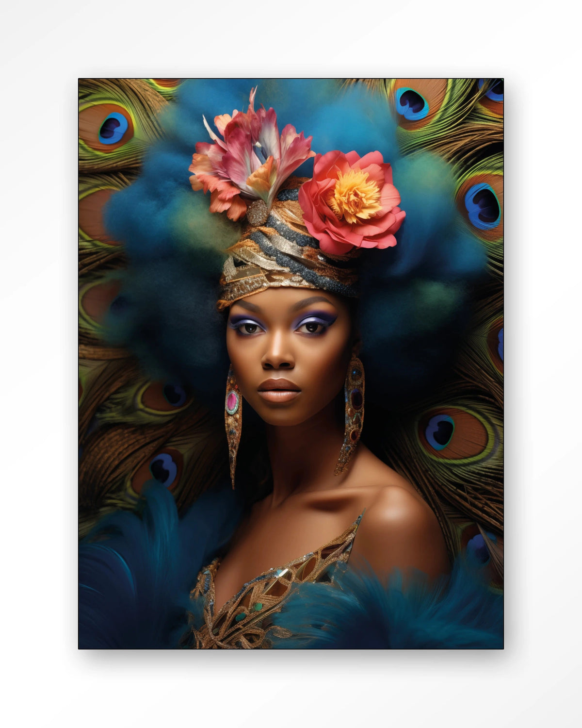 Maua – vrouw met pauwenveren – Wandkleed – Frame – zwart