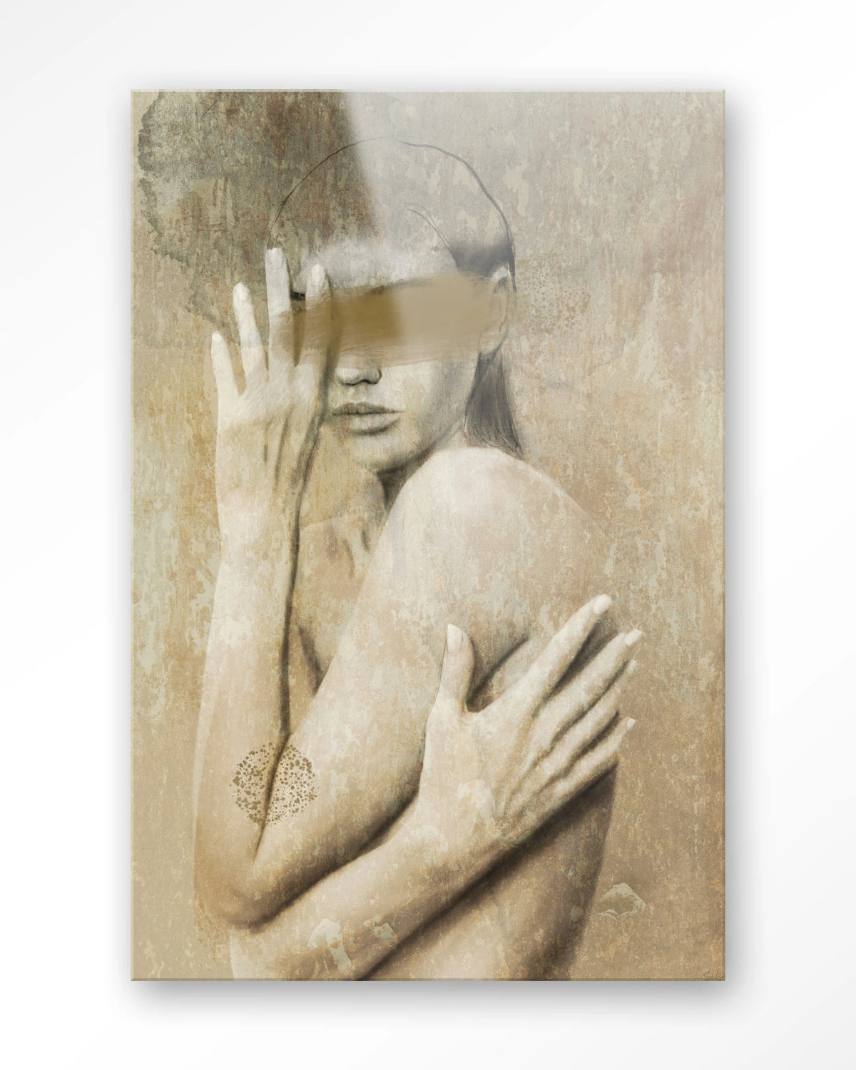 Touching Me – vrouw in beige, kunstzinnig portret – Glas – Blinde montage