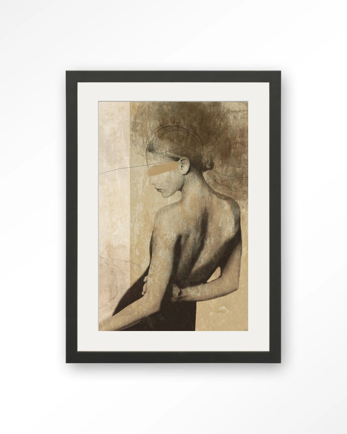 Back To You – vrouw van achteren in aardetinten – Art print – Hout zwart + passe-partout