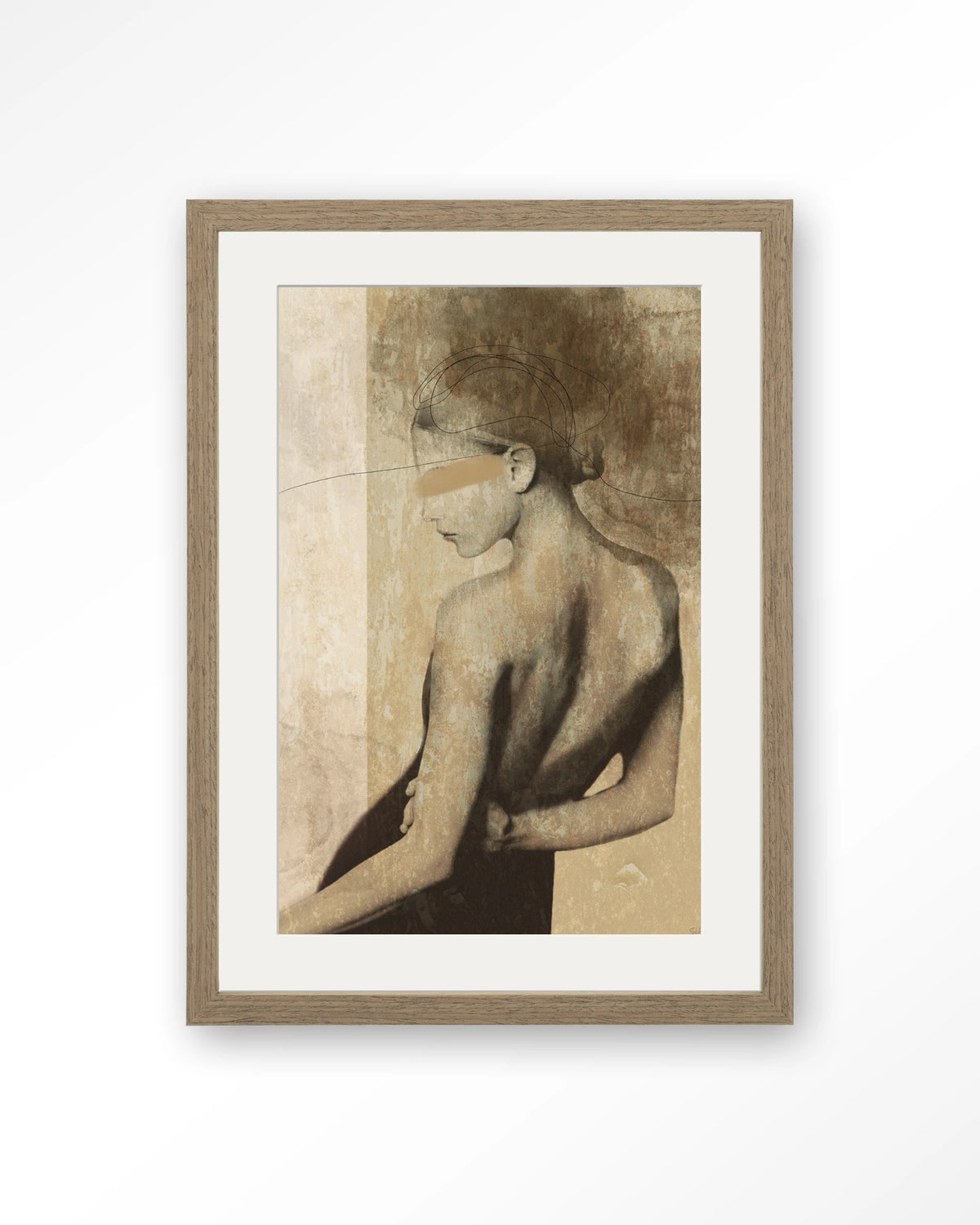 Back To You – vrouw van achteren in aardetinten – Art print – Hout bruin + passe-partout