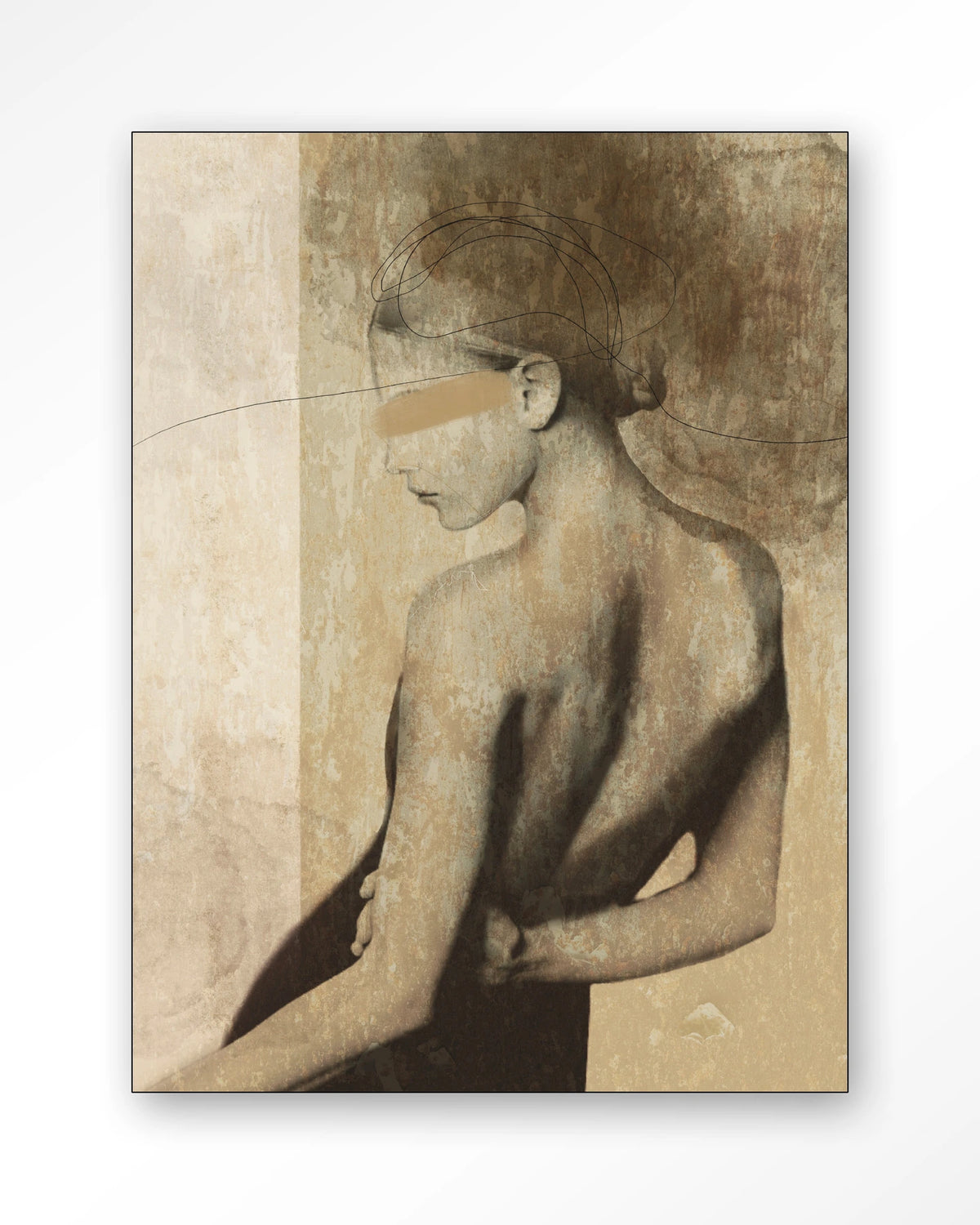Back To You – vrouw van achteren in aardetinten – Wandkleed – Frame – zwart