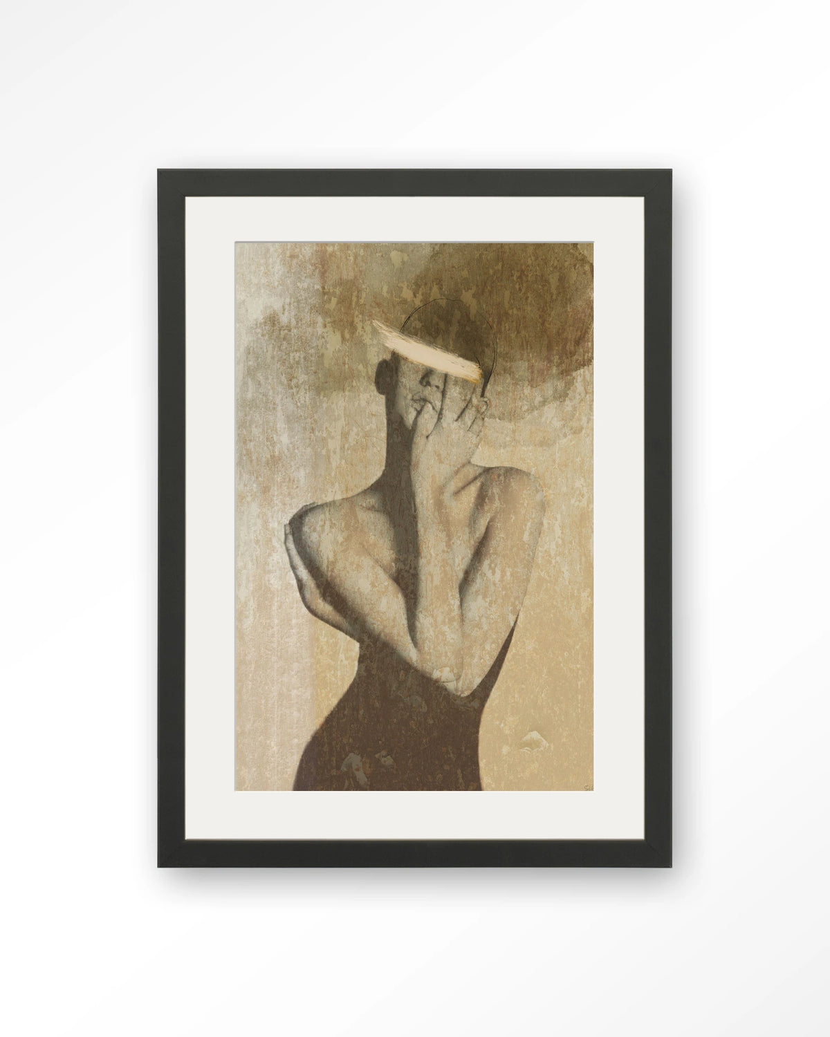 Self Love – vrouwelijk figuur in beige – Art print – Hout zwart + passe-partout