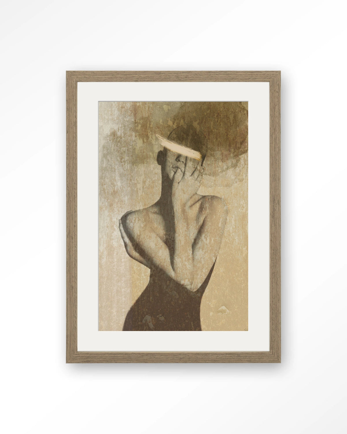Self Love – vrouwelijk figuur in beige – Art print – Hout bruin + passe-partout