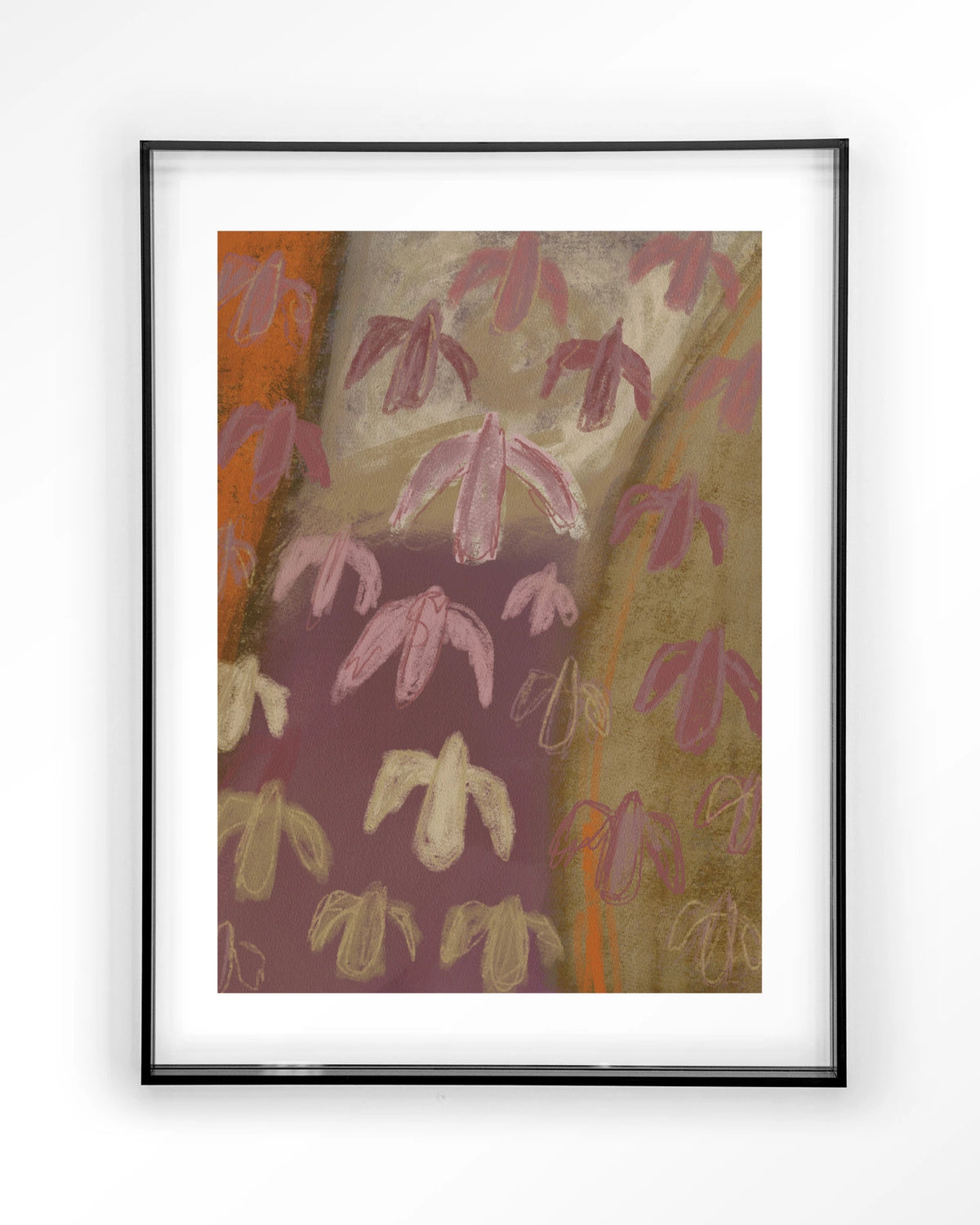 A Birds View – abstracte vogels in paars en oker – Art print – Acryl zwart