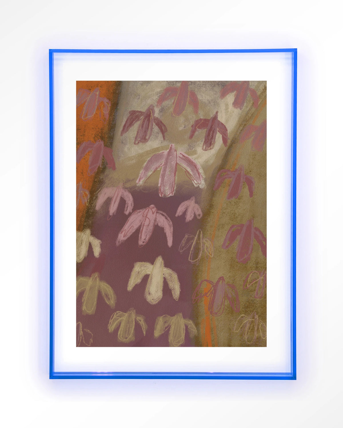 A Birds View – abstracte vogels in paars en oker – Art print – Acryl lichtblauw