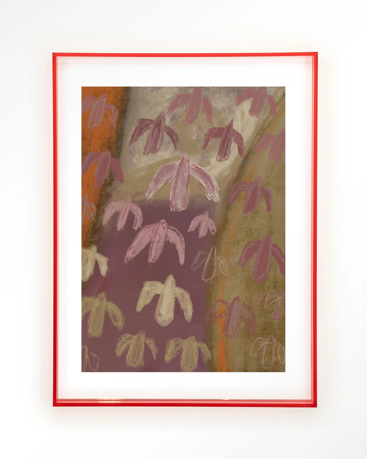 A Birds View – abstracte vogels in paars en oker – Art print – Acryl roze