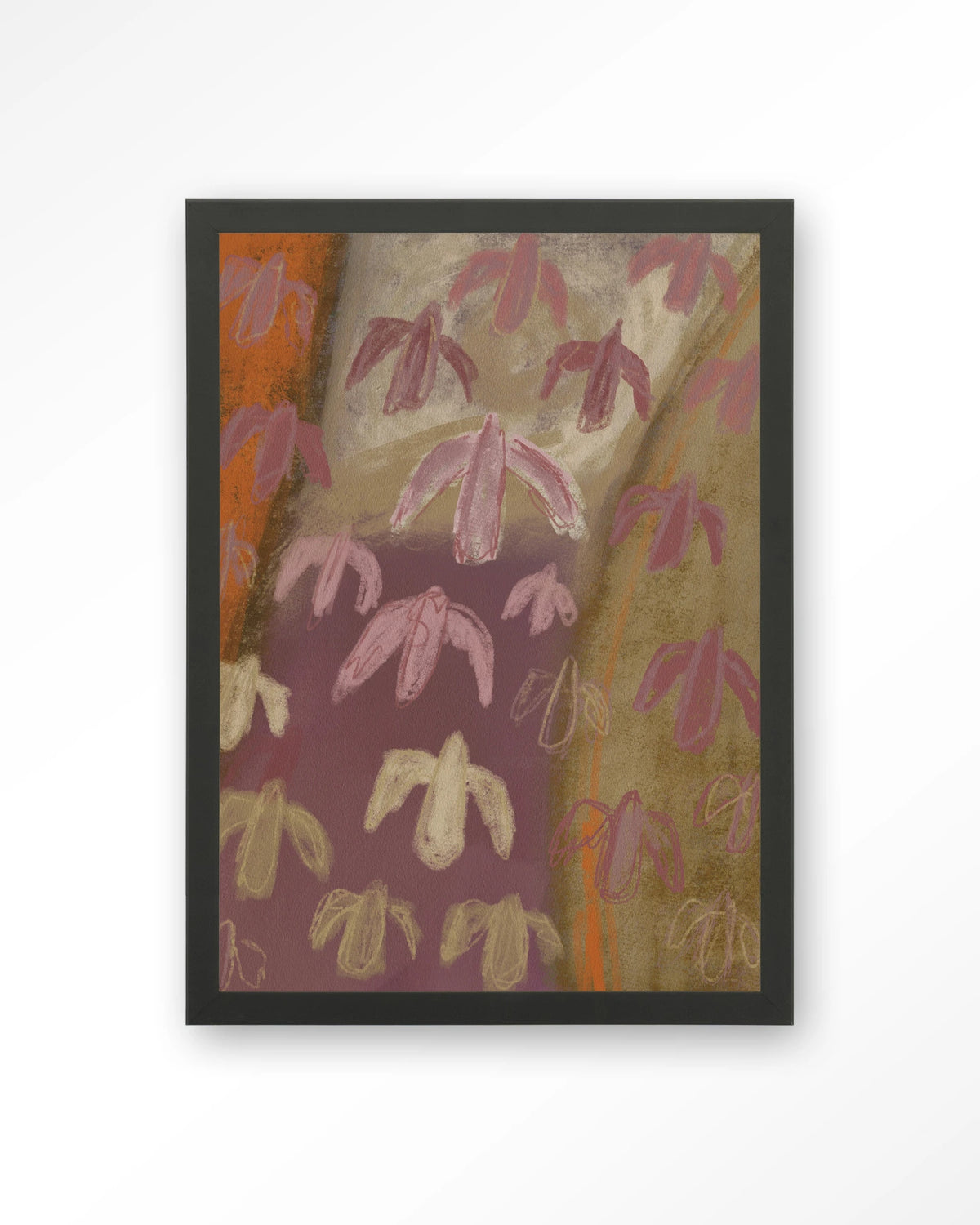 A Birds View – abstracte vogels in paars en oker – Art print – Hout zwart