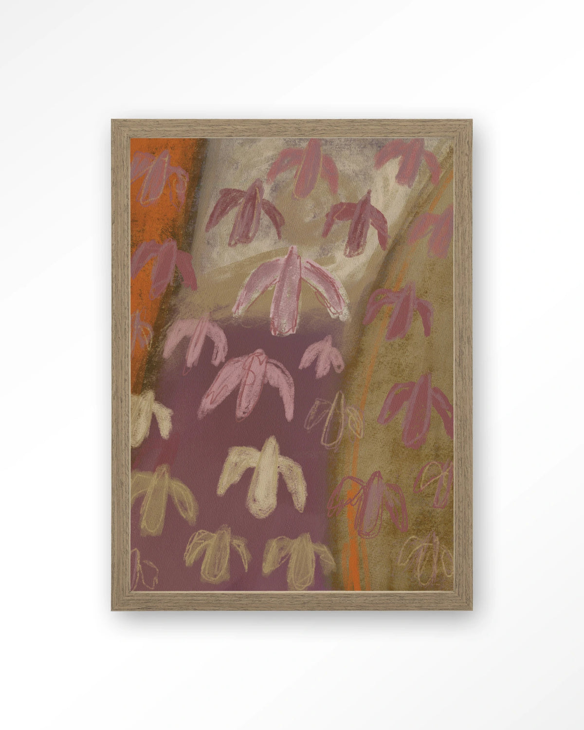 A Birds View – abstracte vogels in paars en oker – Art print – Hout bruin