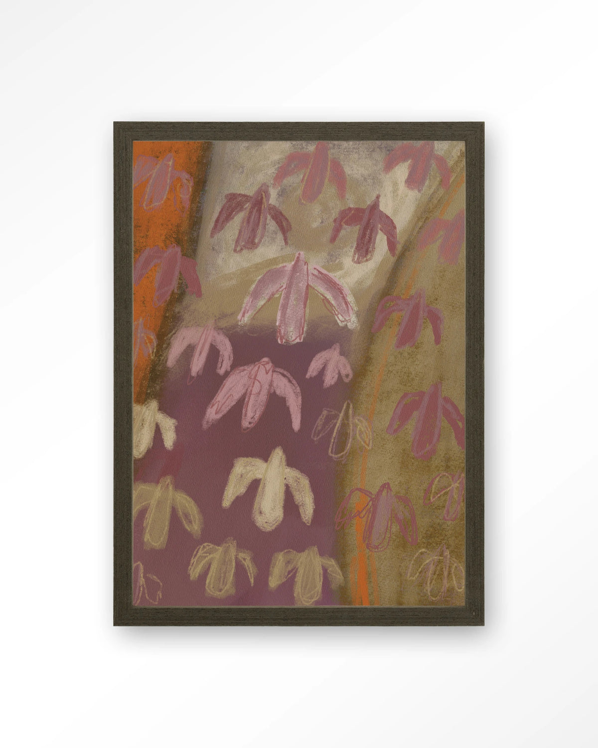 A Birds View – abstracte vogels in paars en oker – Art print – Hout donkerbruin