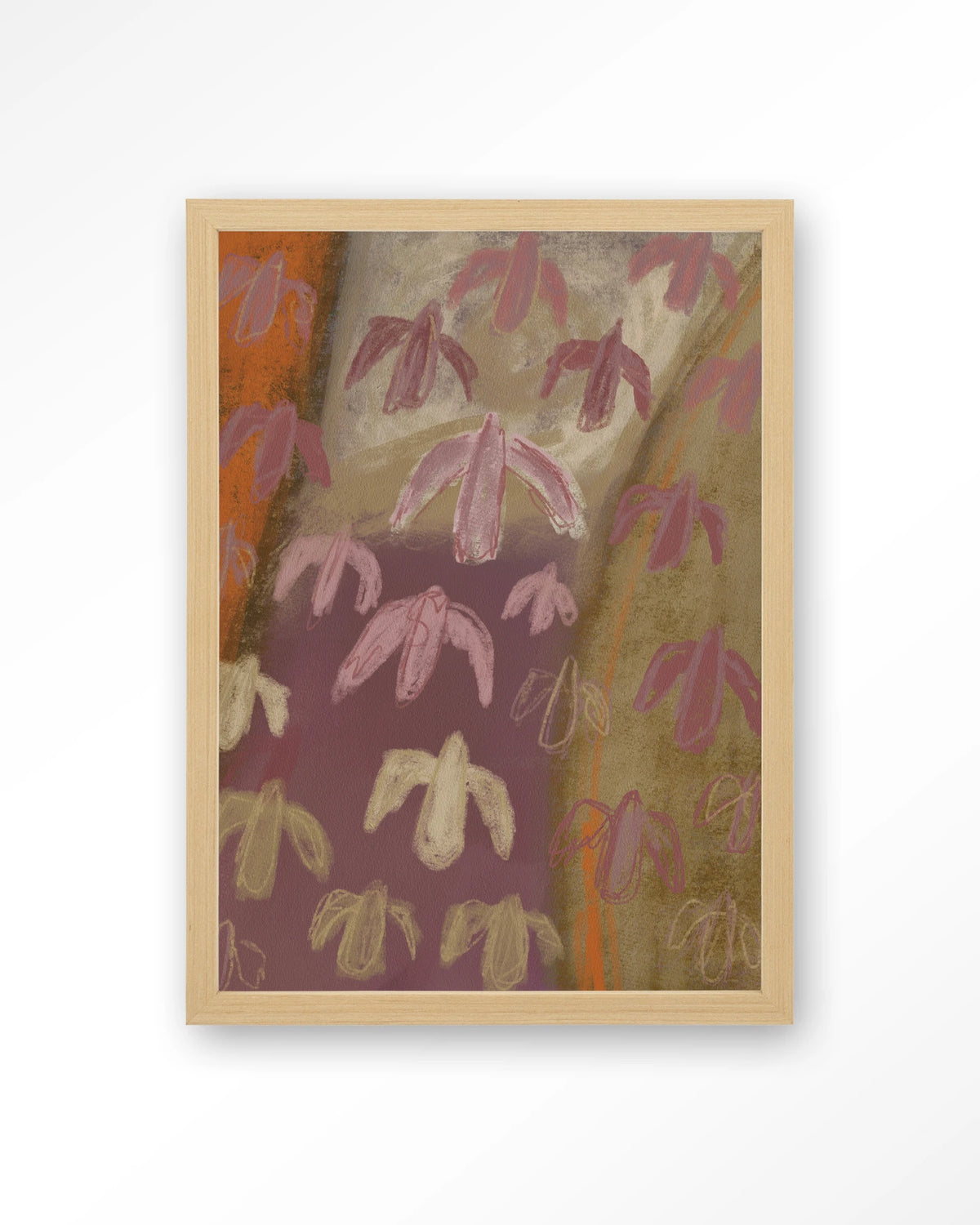 A Birds View – abstracte vogels in paars en oker – Art print – Hout naturel