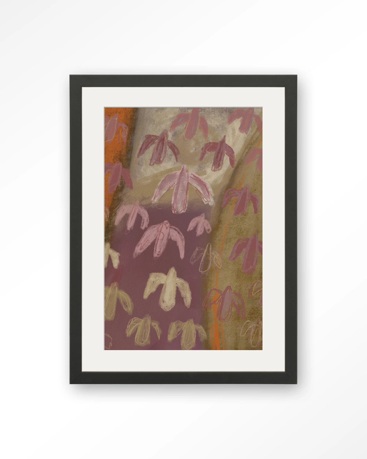 A Birds View – abstracte vogels in paars en oker – Art print – Hout zwart + passe-partout