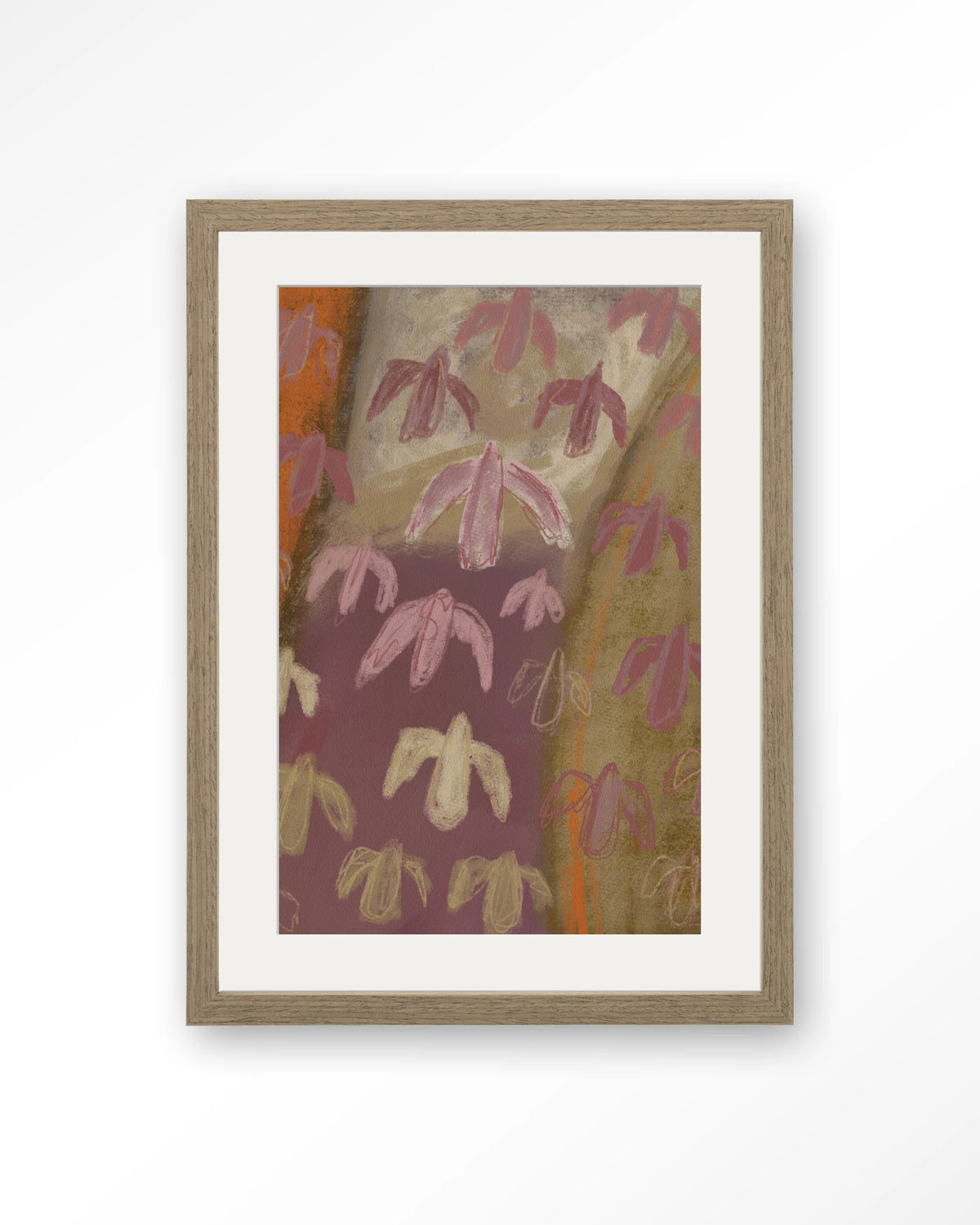 A Birds View – abstracte vogels in paars en oker – Art print – Hout bruin + passe-partout