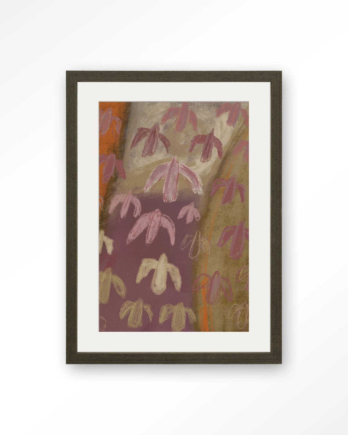 A Birds View – abstracte vogels in paars en oker – Art print – Hout donkerbruin + passe-partout