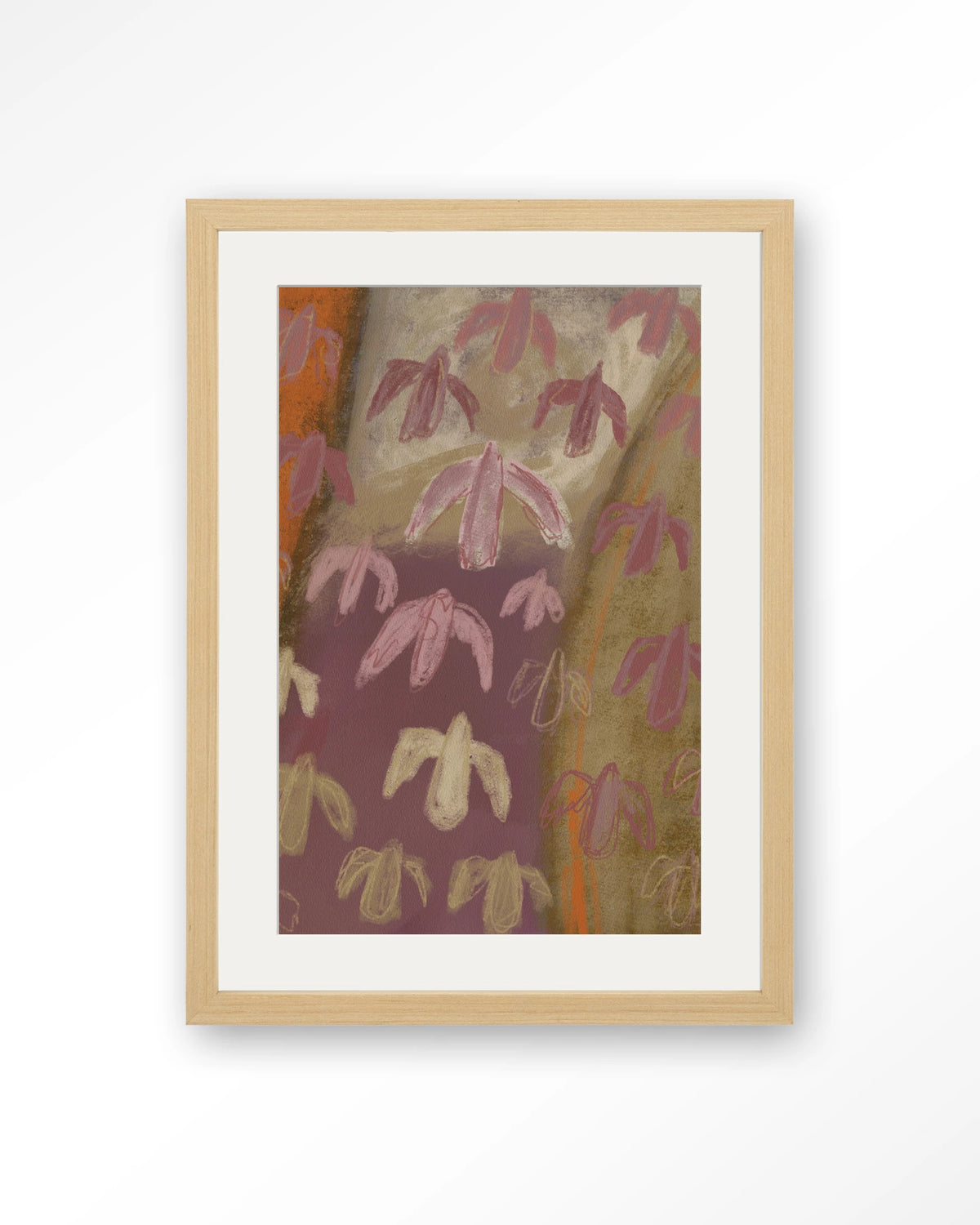 A Birds View – abstracte vogels in paars en oker – Art print – Hout naturel + passe-partout
