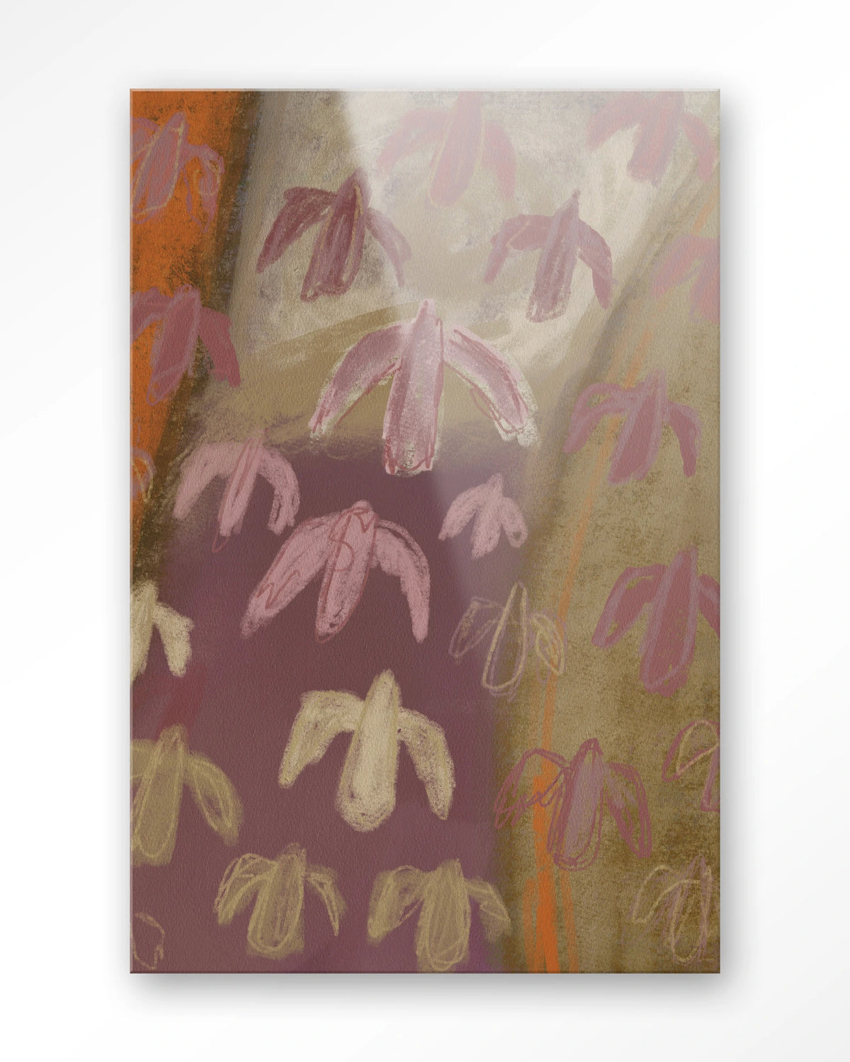 A Birds View – abstracte vogels in paars en oker – Glas – Blinde montage