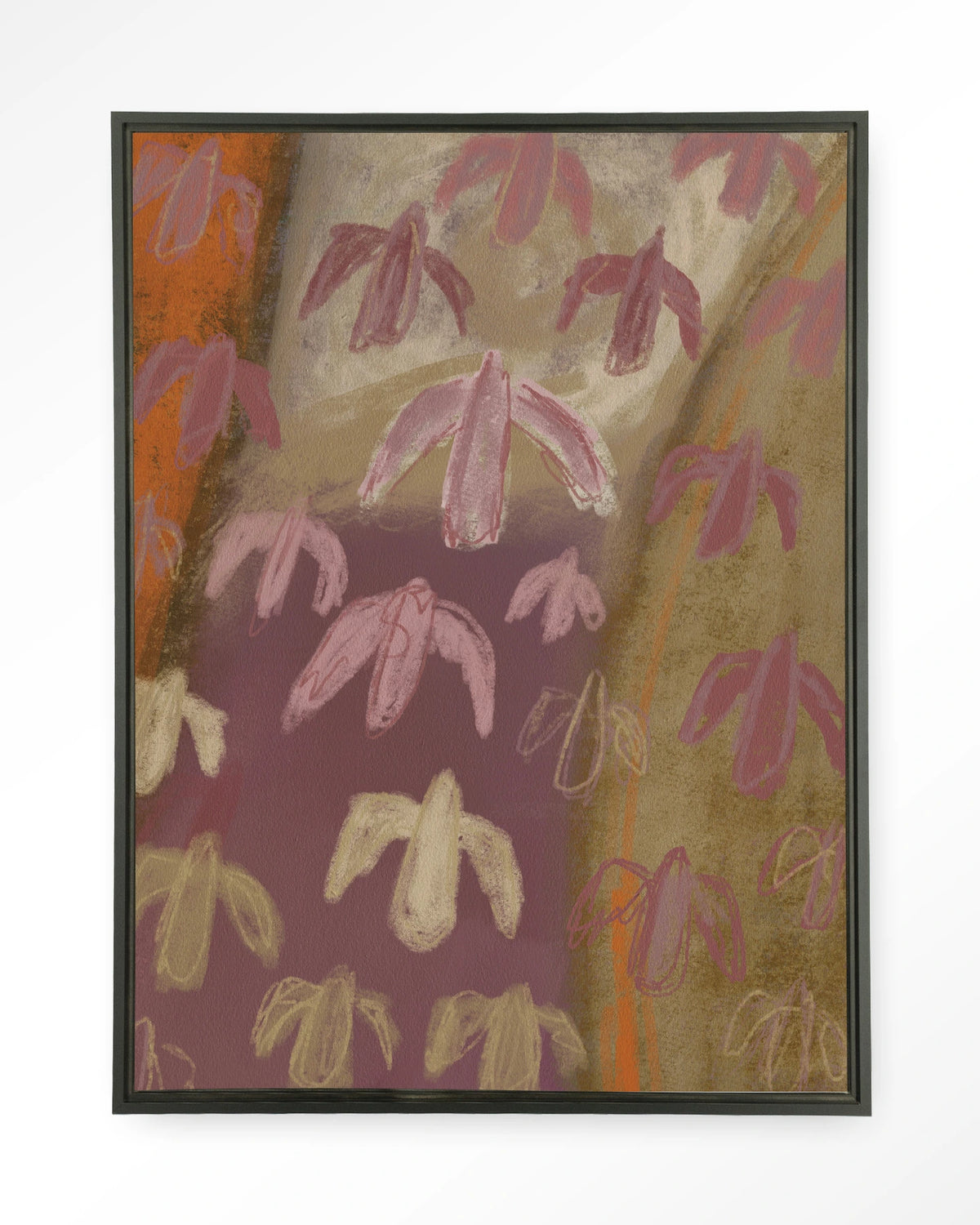 A Birds View – abstracte vogels in paars en oker – Wandkleed – Floating frame – zwart