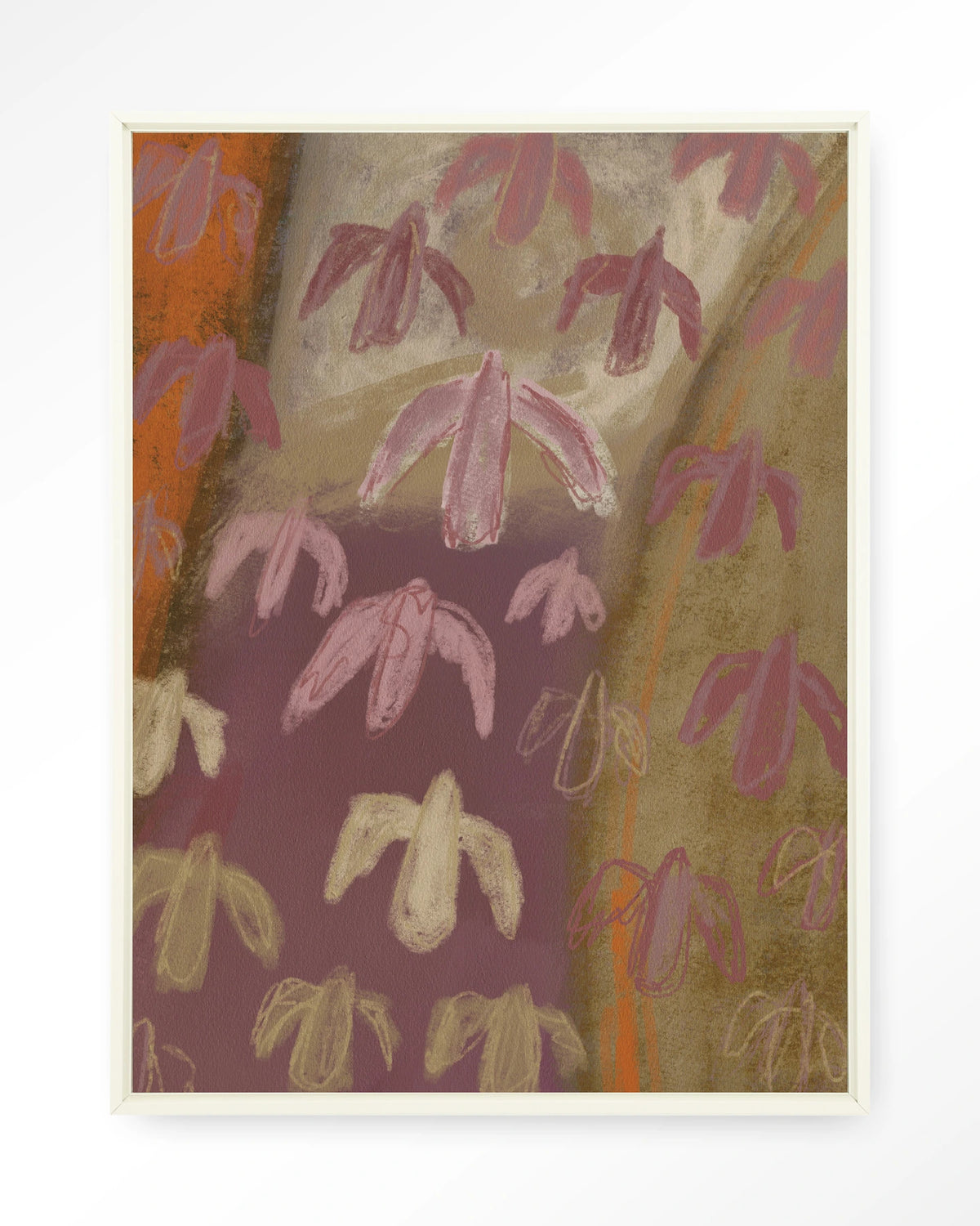 A Birds View – abstracte vogels in paars en oker – Wandkleed – Floating frame – wit