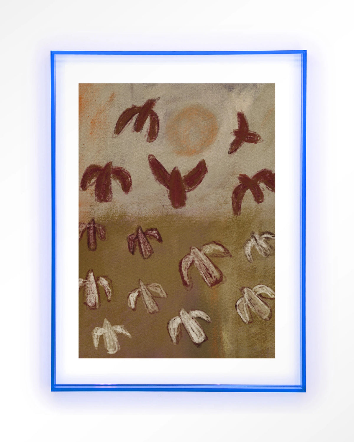 Sunbirds – abstracte vogels in bruin – Art print – Acryl lichtblauw