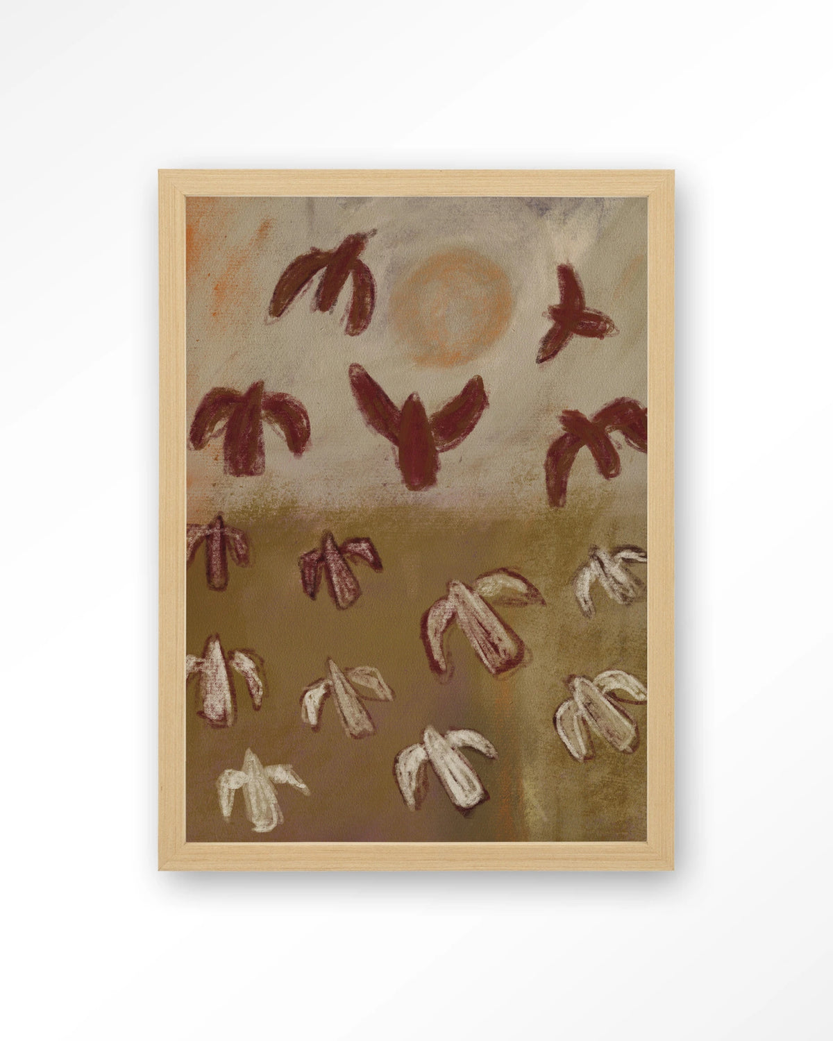 Sunbirds – abstracte vogels in bruin – Art print – Hout naturel