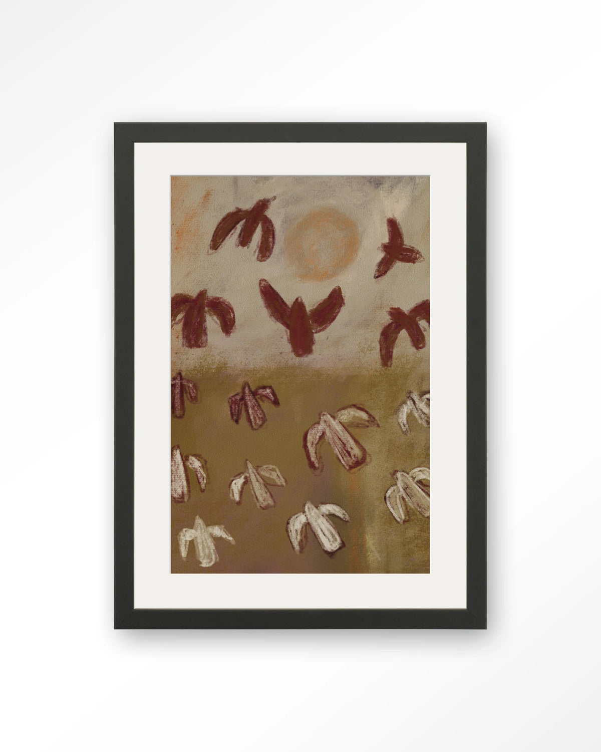 Sunbirds – abstracte vogels in bruin – Art print – Hout zwart + passe-partout