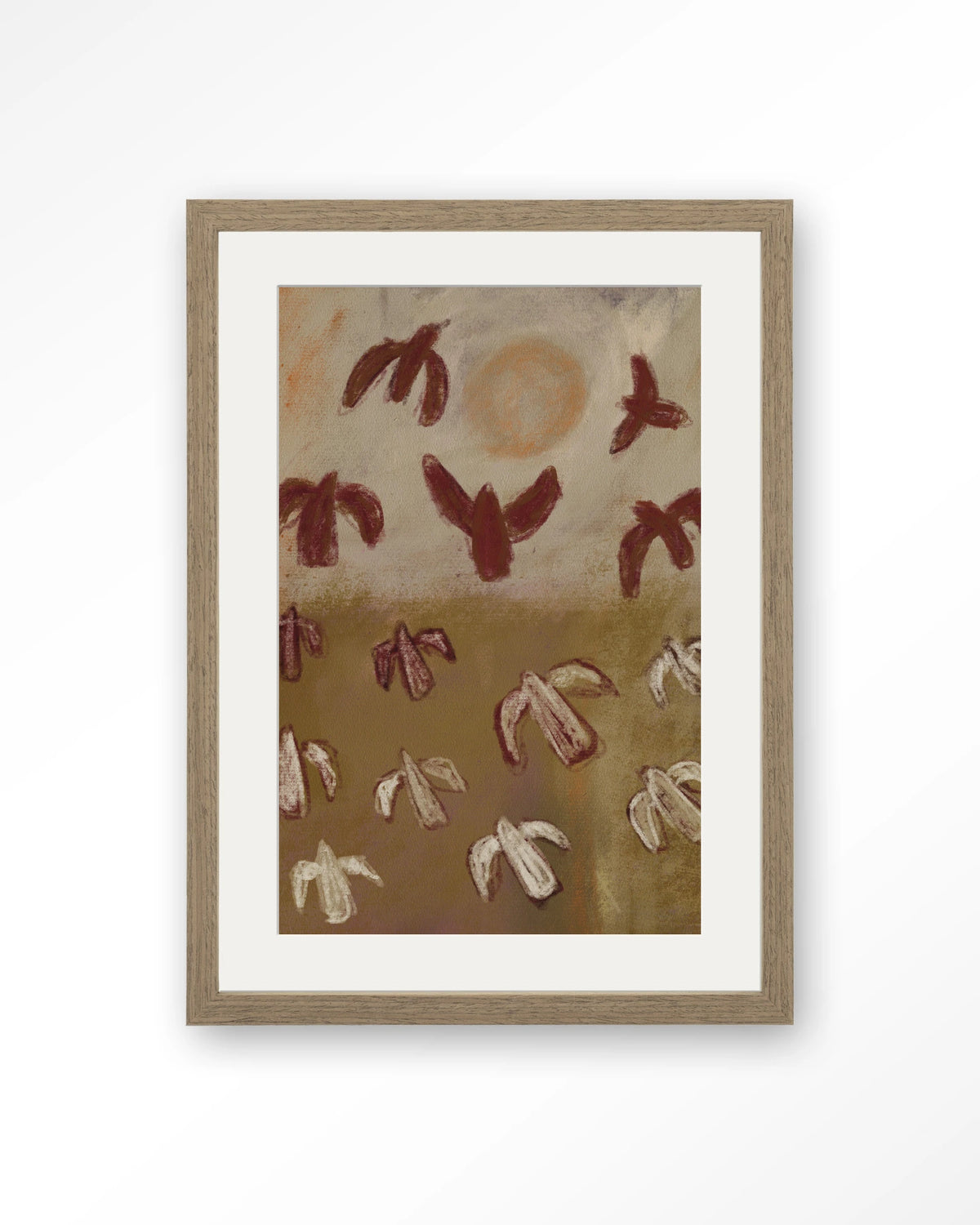 Sunbirds – abstracte vogels in bruin – Art print – Hout bruin + passe-partout
