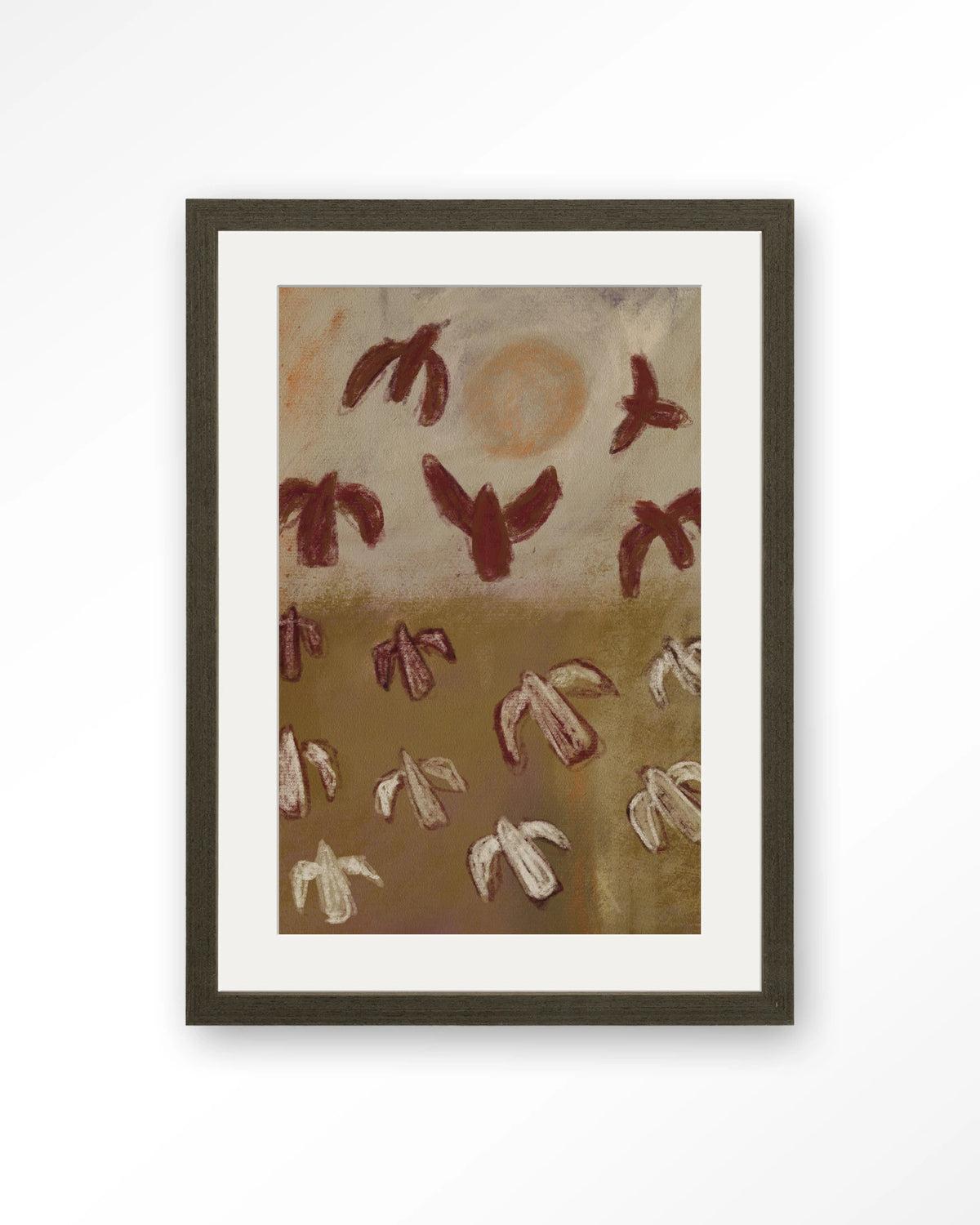Sunbirds – abstracte vogels in bruin – Art print – Hout donkerbruin + passe-partout