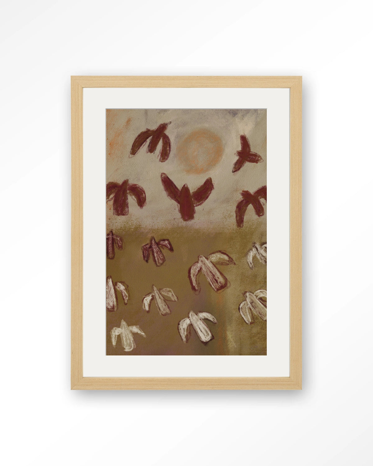 Sunbirds – abstracte vogels in bruin – Art print – Hout naturel + passe-partout