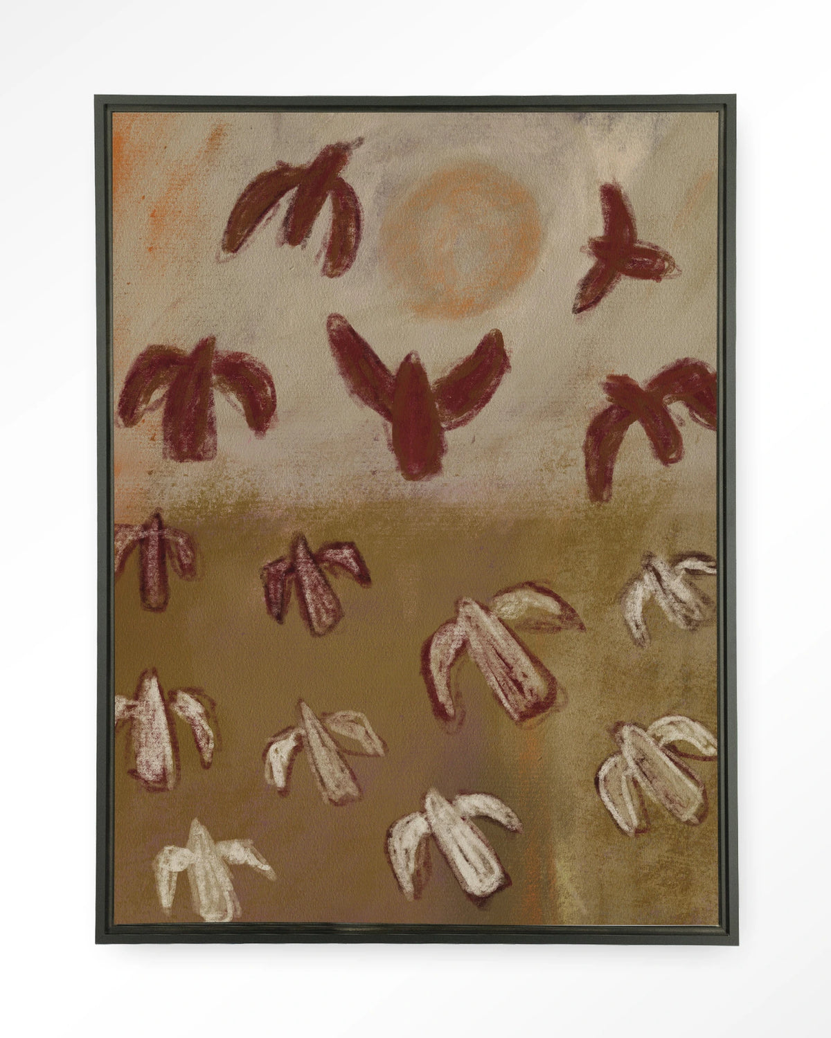 Sunbirds – abstracte vogels in bruin – Wandkleed – Floating frame – zwart