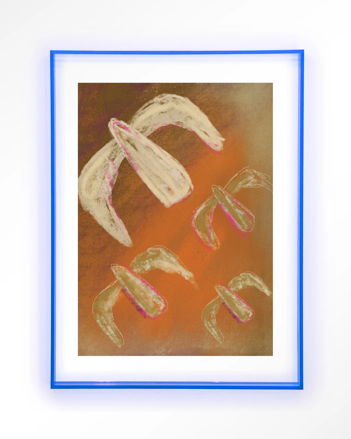 Bird Rise – abstract in oranje met vogels – Art print – Acryl lichtblauw