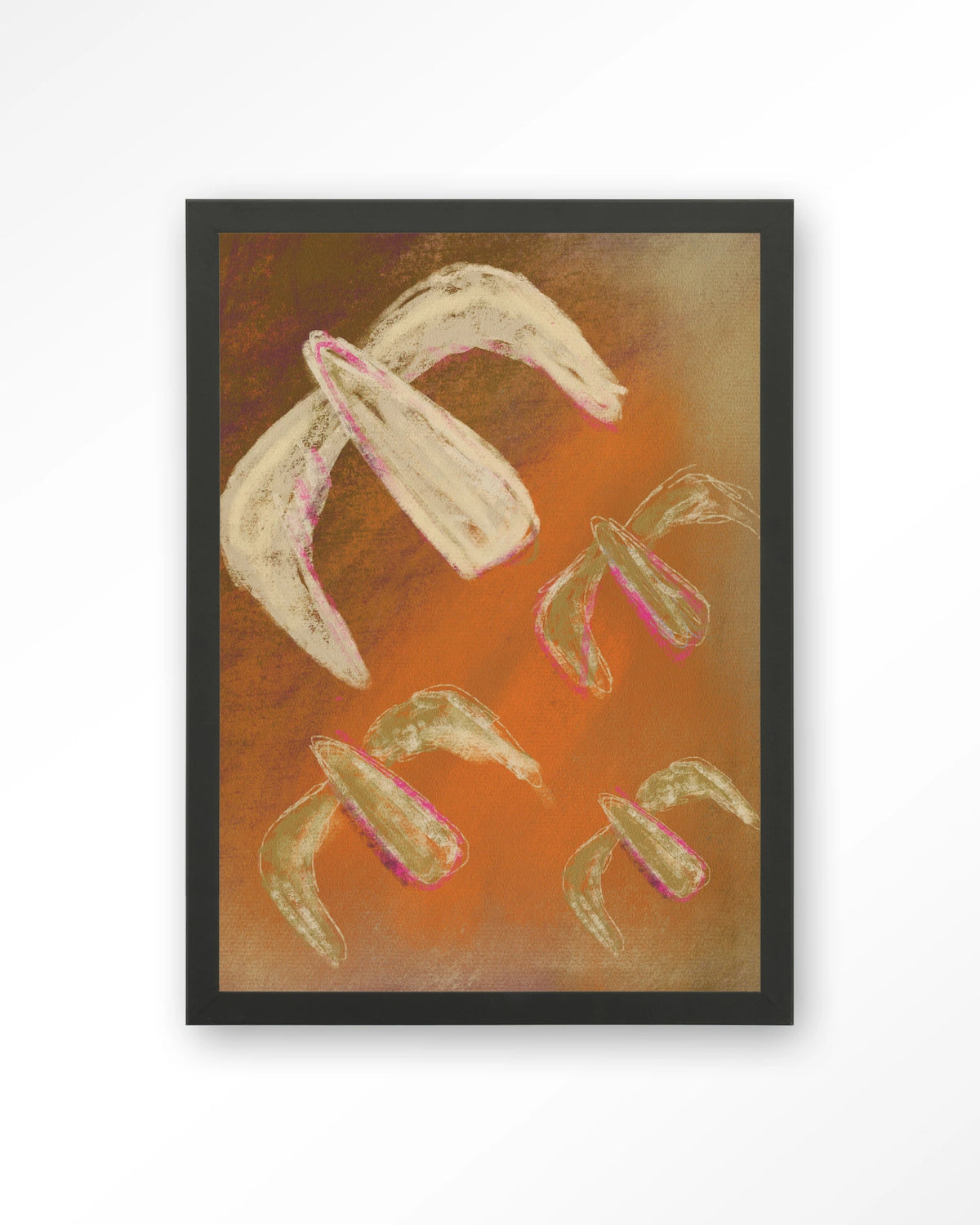 Bird Rise – abstract in oranje met vogels – Art print – Hout zwart