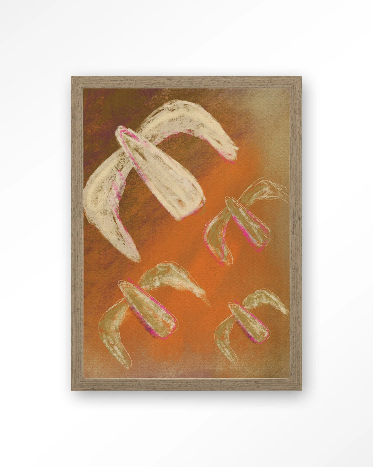 Bird Rise – abstract in oranje met vogels – Art print – Hout bruin