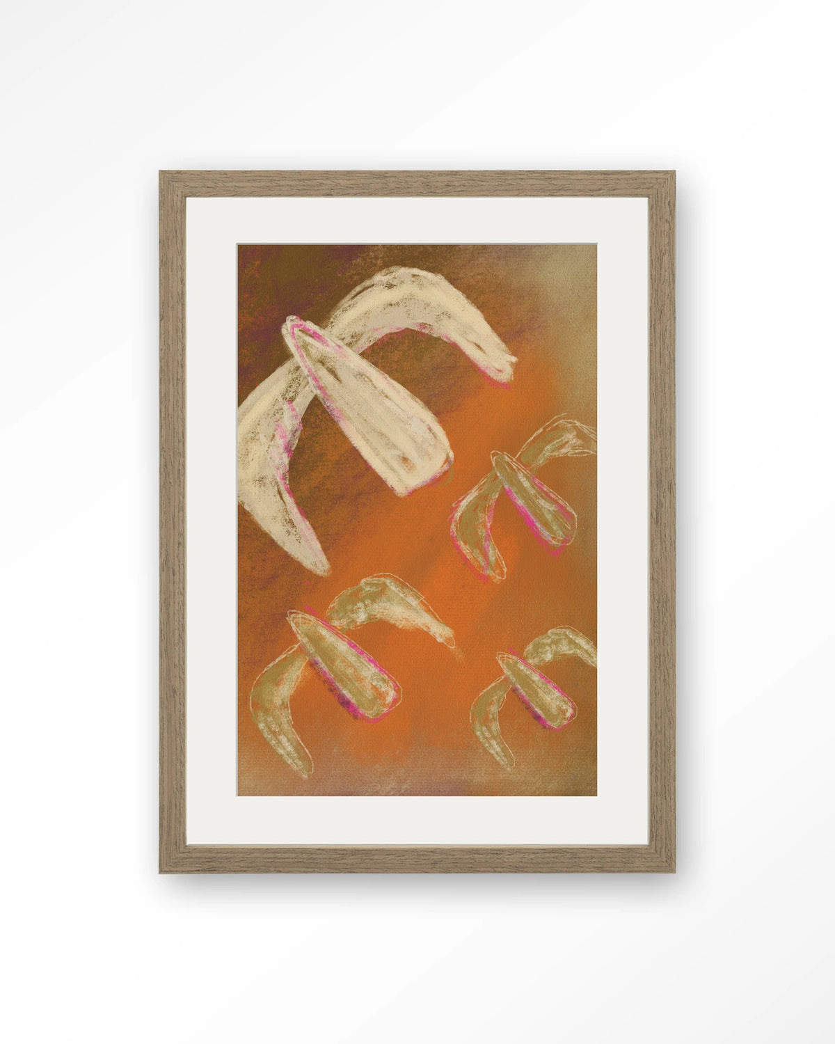 Bird Rise – abstract in oranje met vogels – Art print – Hout bruin + passe-partout