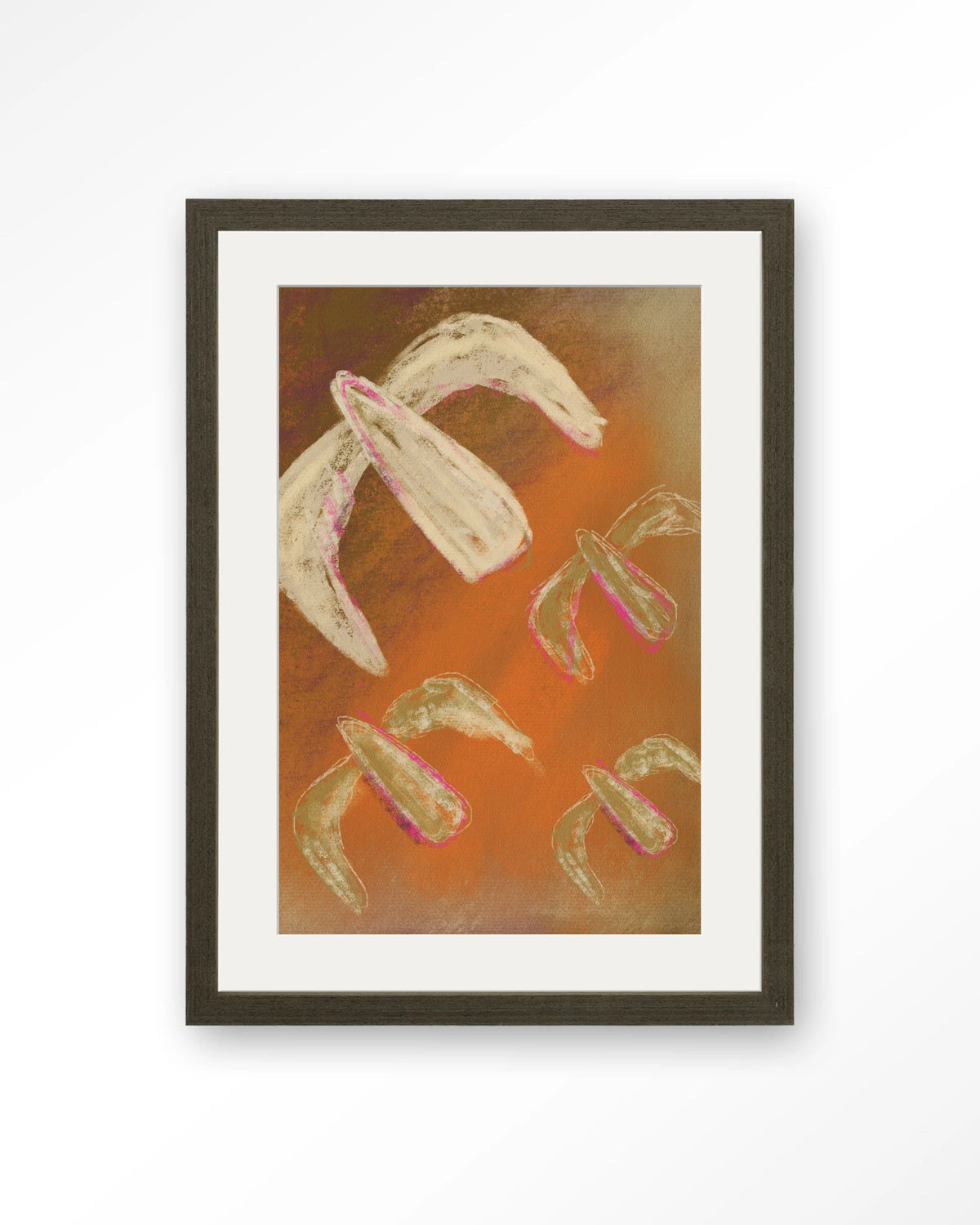 Bird Rise – abstract in oranje met vogels – Art print – Hout donkerbruin + passe-partout