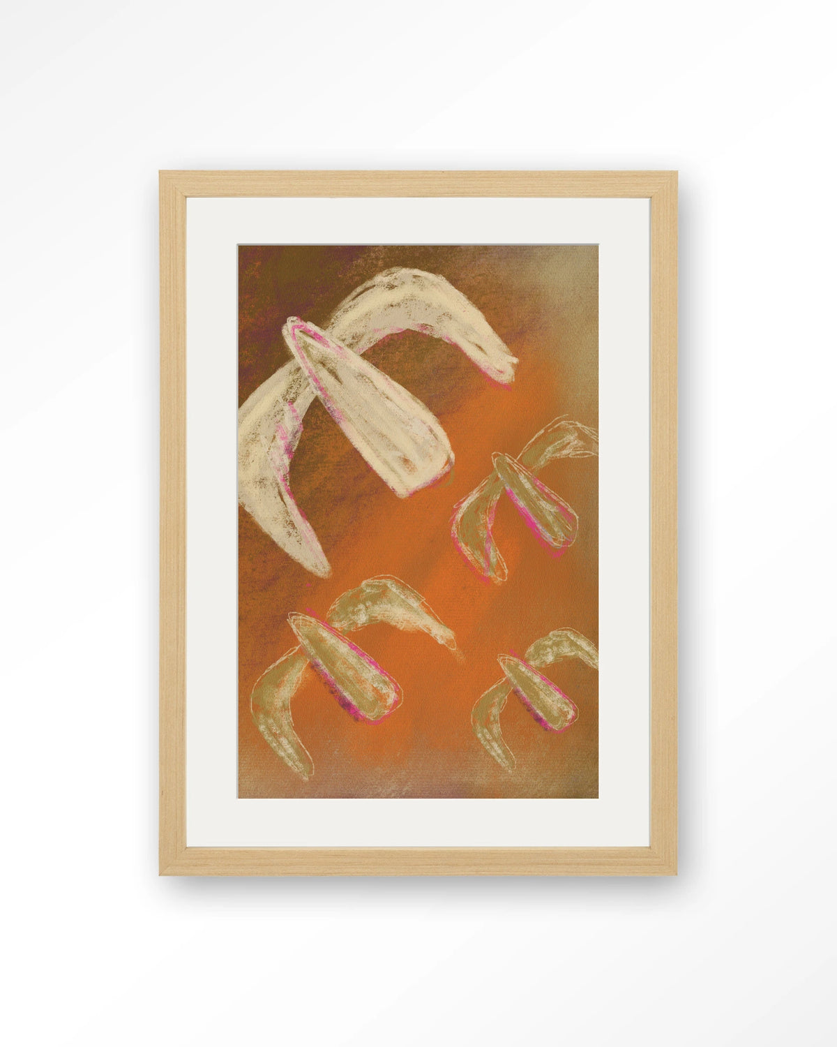Bird Rise – abstract in oranje met vogels – Art print – Hout naturel + passe-partout