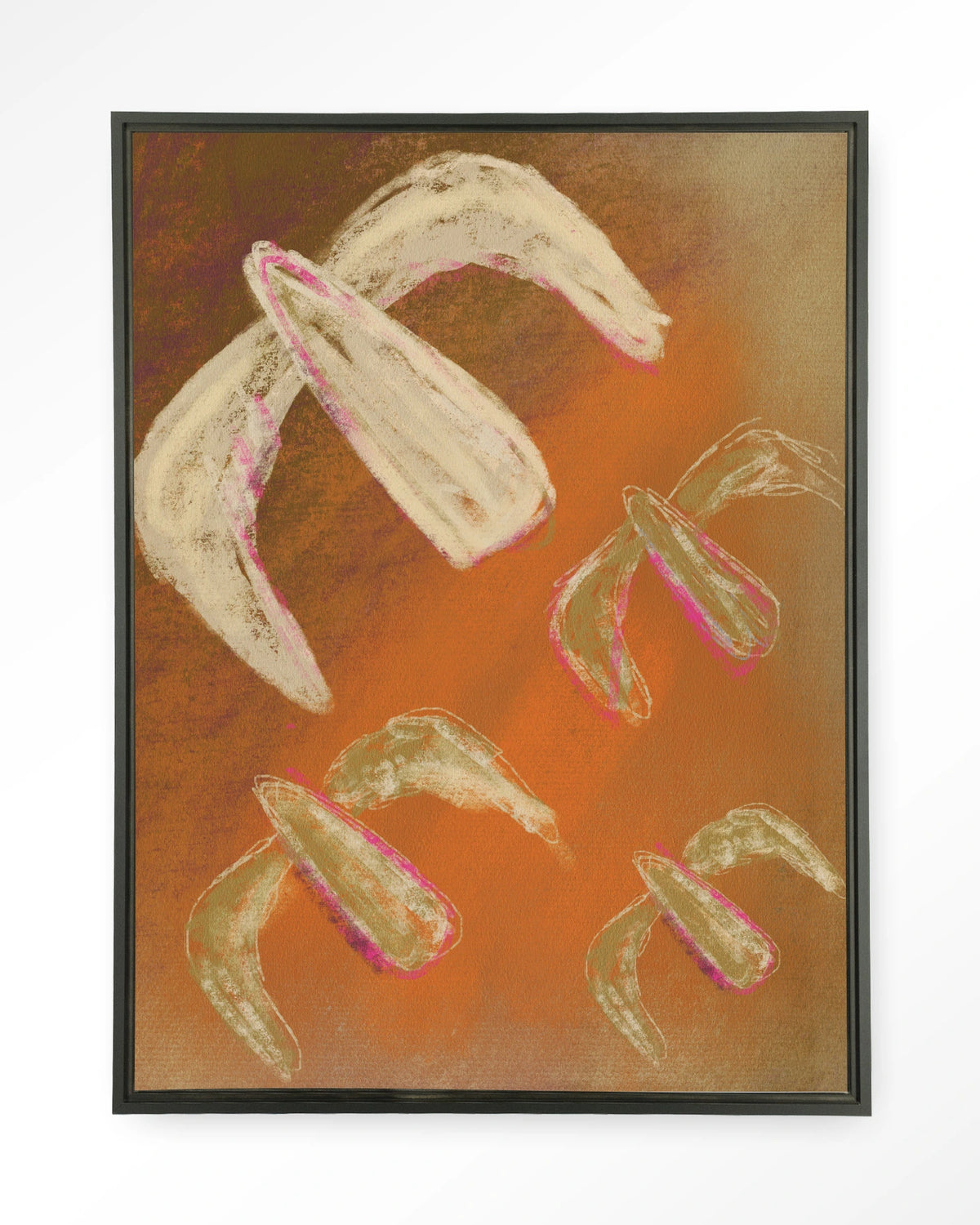 Bird Rise – abstract in oranje met vogels – Wandkleed – Floating frame – zwart