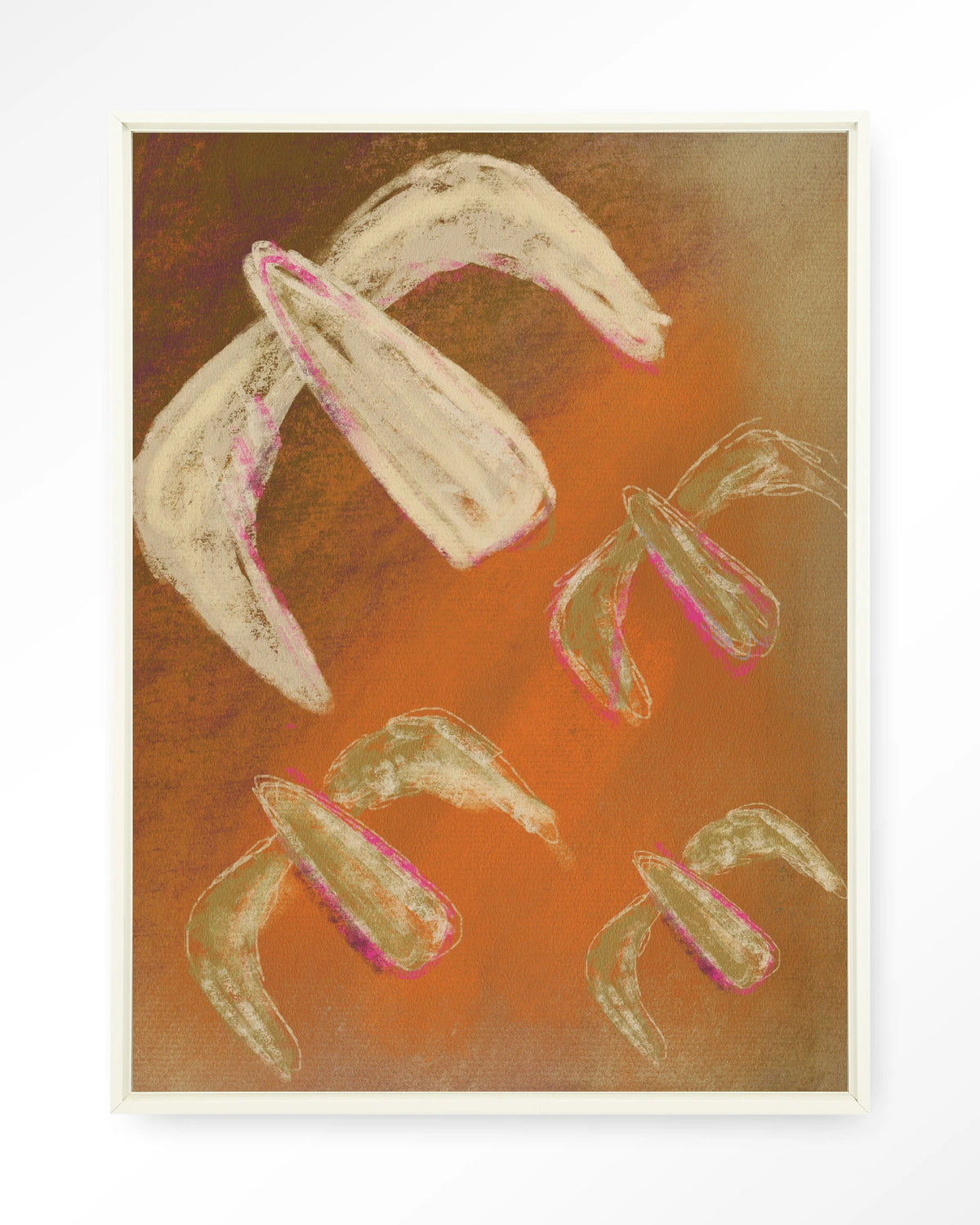 Bird Rise – abstract in oranje met vogels – Wandkleed – Floating frame – wit