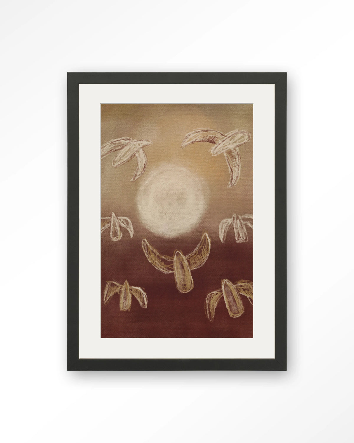 Birds By Night – abstracte vogels bij maanlicht – Art print – Hout zwart + passe-partout