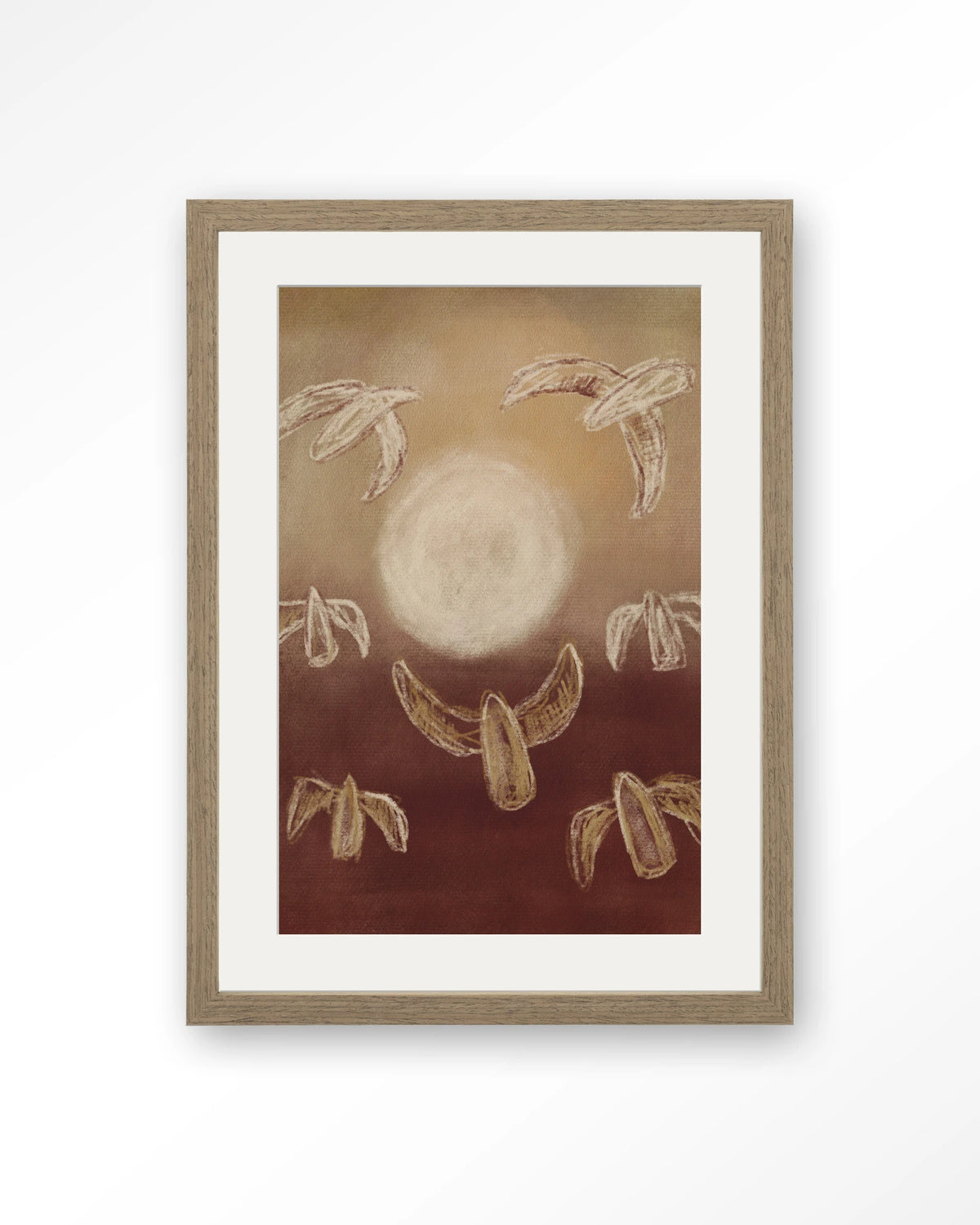 Birds By Night – abstracte vogels bij maanlicht – Art print – Hout bruin + passe-partout