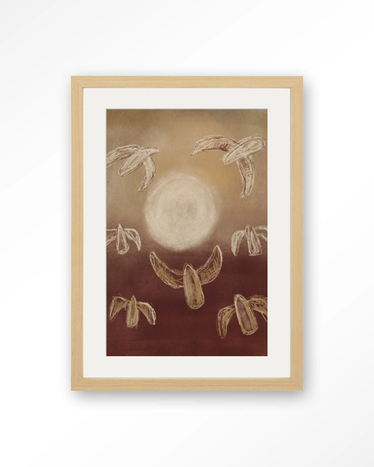 Birds By Night – abstracte vogels bij maanlicht – Art print – Hout naturel + passe-partout