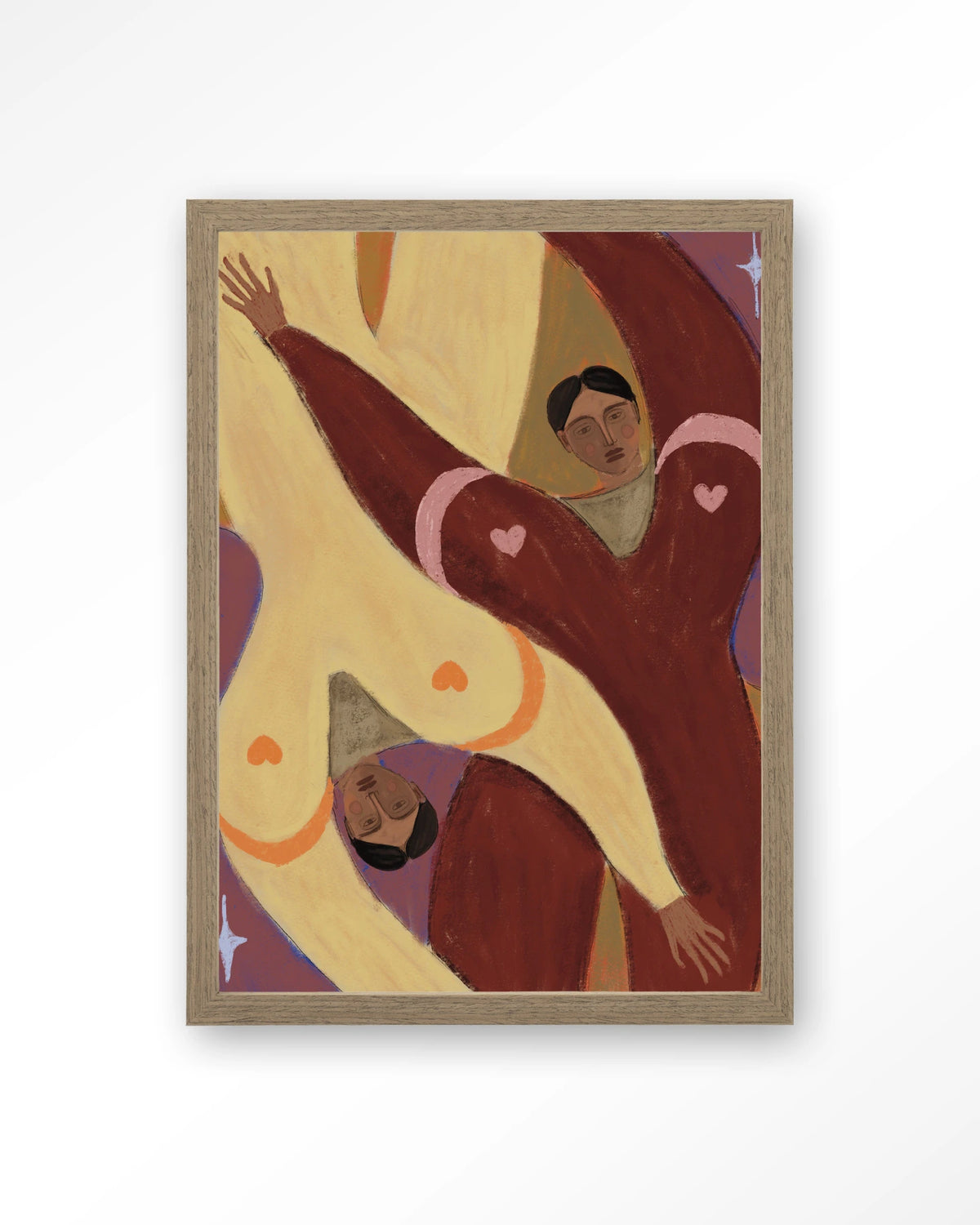 Stargazing – abstracte figuren met harten – Art print – Hout bruin