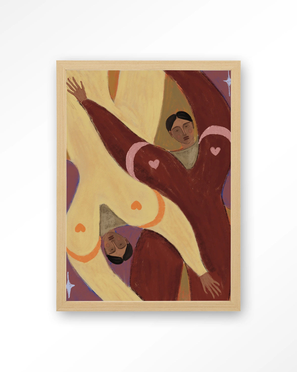 Stargazing – abstracte figuren met harten – Art print – Hout naturel