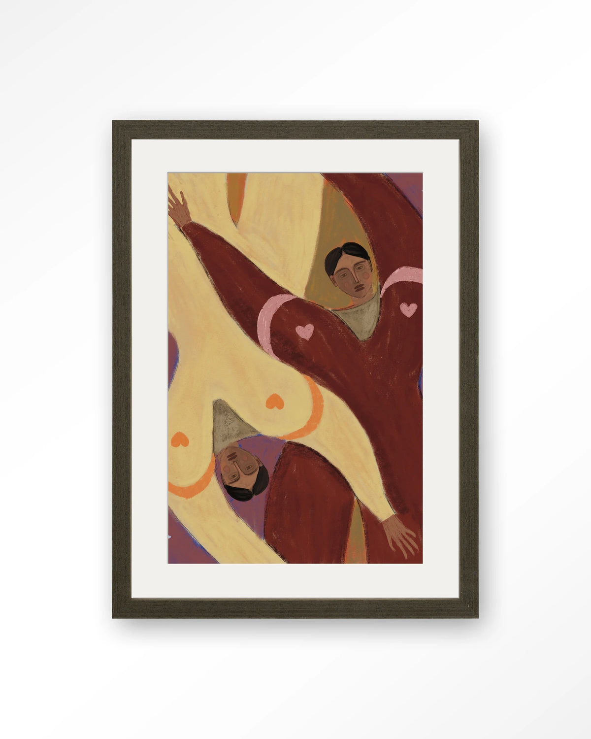 Stargazing – abstracte figuren met harten – Art print – Hout donkerbruin + passe-partout
