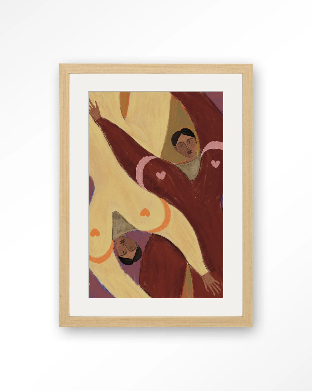 Stargazing – abstracte figuren met harten – Art print – Hout naturel + passe-partout