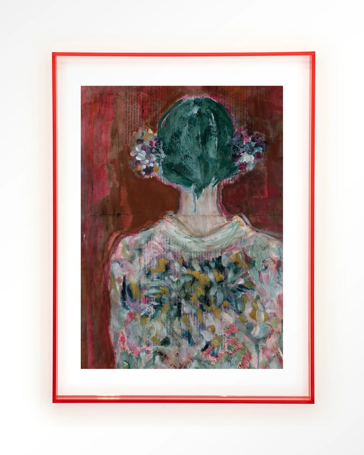 Red Velvet – vrouw van achteren in bloemenjurk – Art print – Acryl roze