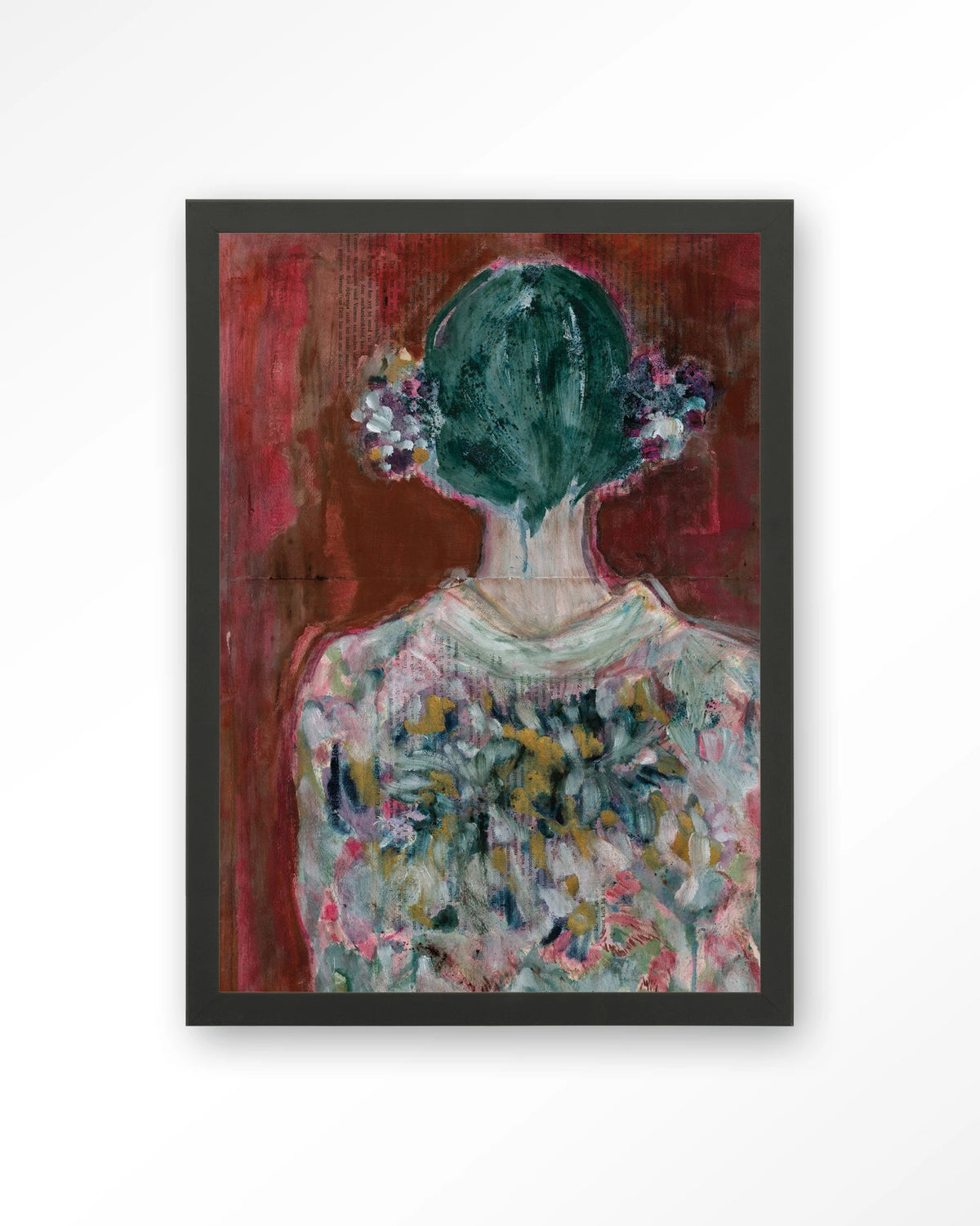 Red Velvet – vrouw van achteren in bloemenjurk – Art print – Hout zwart