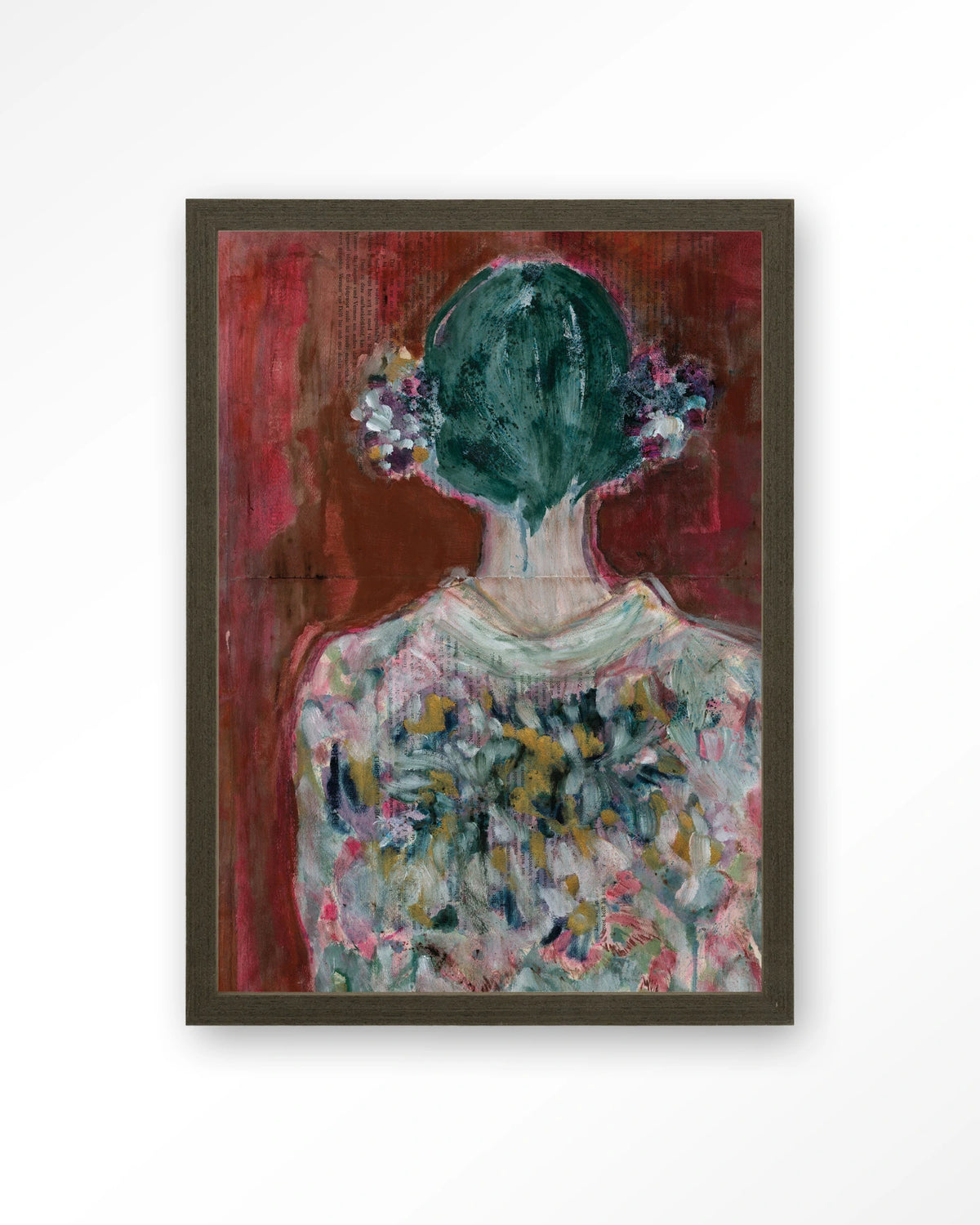 Red Velvet – vrouw van achteren in bloemenjurk – Art print – Hout donkerbruin